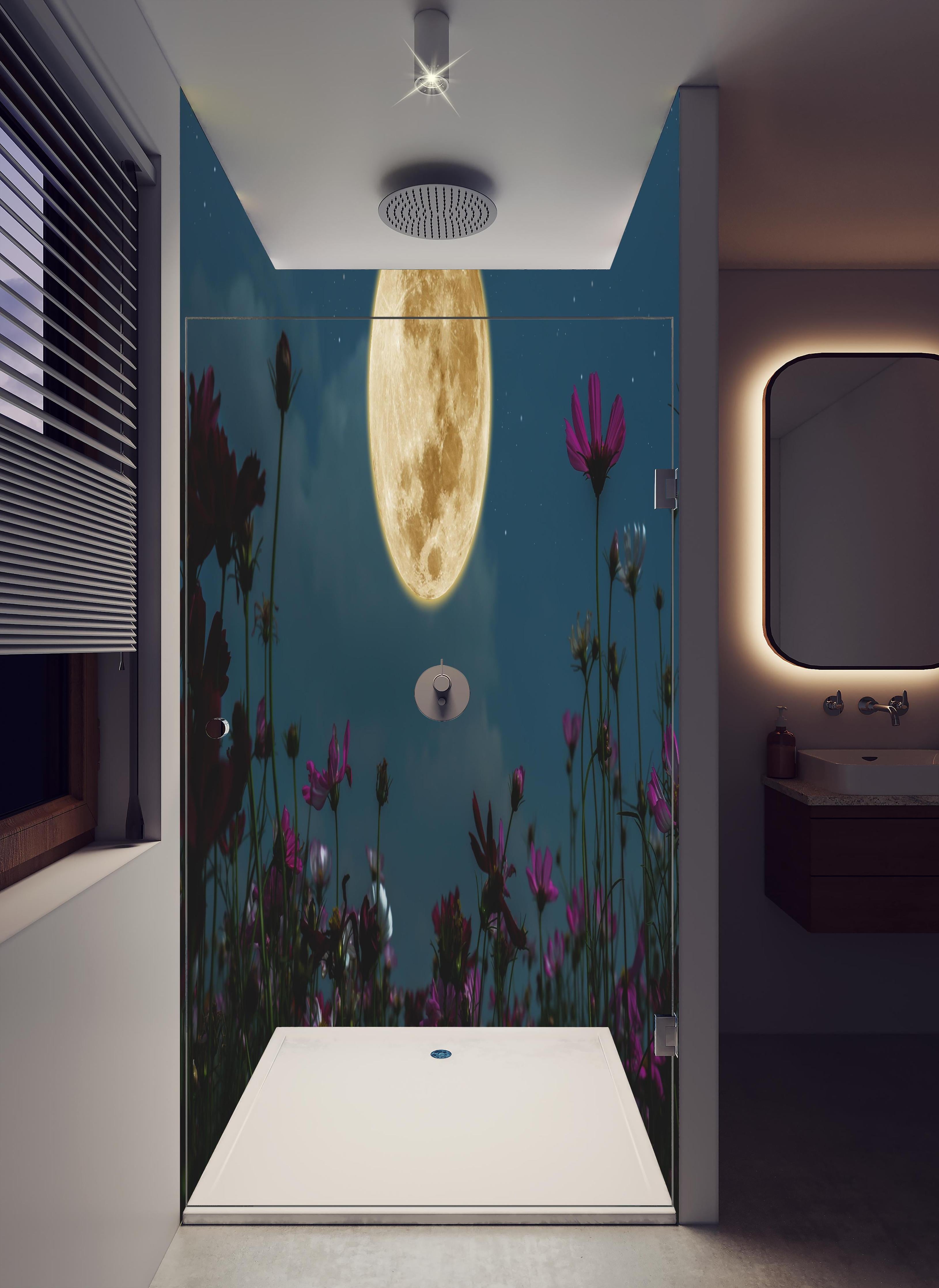 Duschrückwand - Kosmosblüten bei Vollmond in hellem Badezimmer mit Regenduschkopf - zweiteilige Eck-Duschrückwand