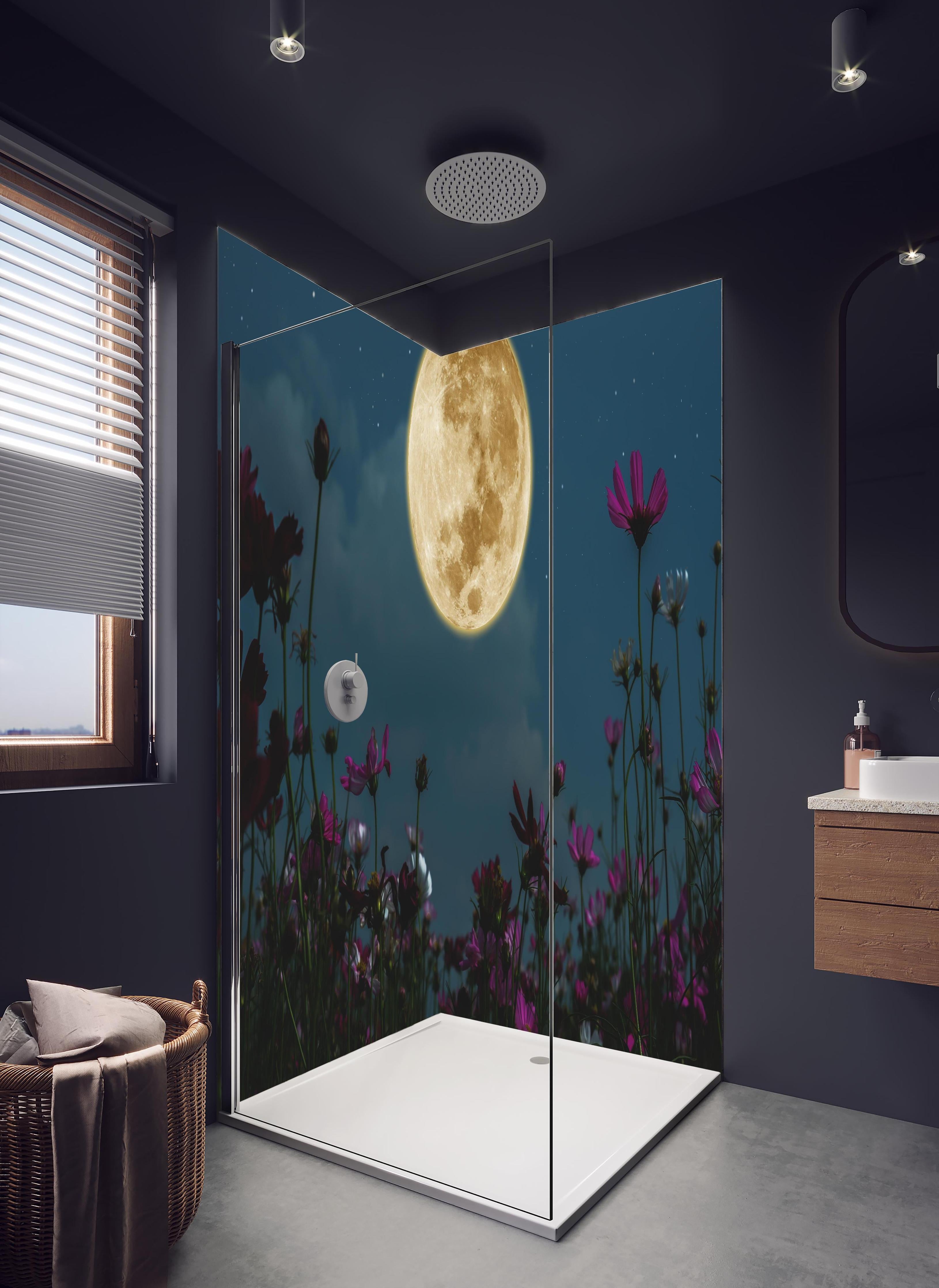 Duschrückwand - Kosmosblüten bei Vollmond in hellem Badezimmer mit Regenduschkopf - zweiteilige Eck-Duschrückwand