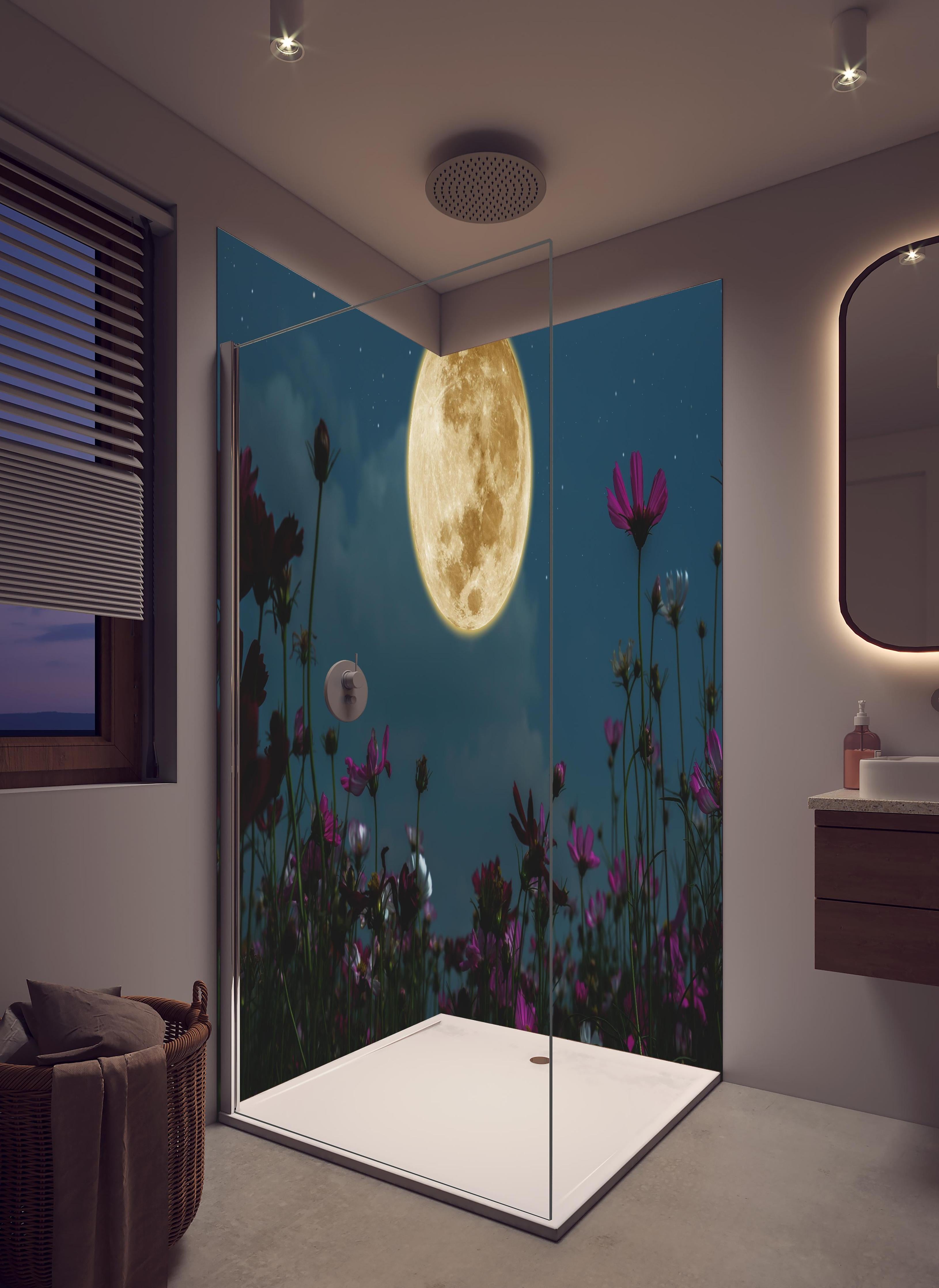Duschrückwand - Kosmosblüten bei Vollmond in hellem Badezimmer mit Regenduschkopf - zweiteilige Eck-Duschrückwand