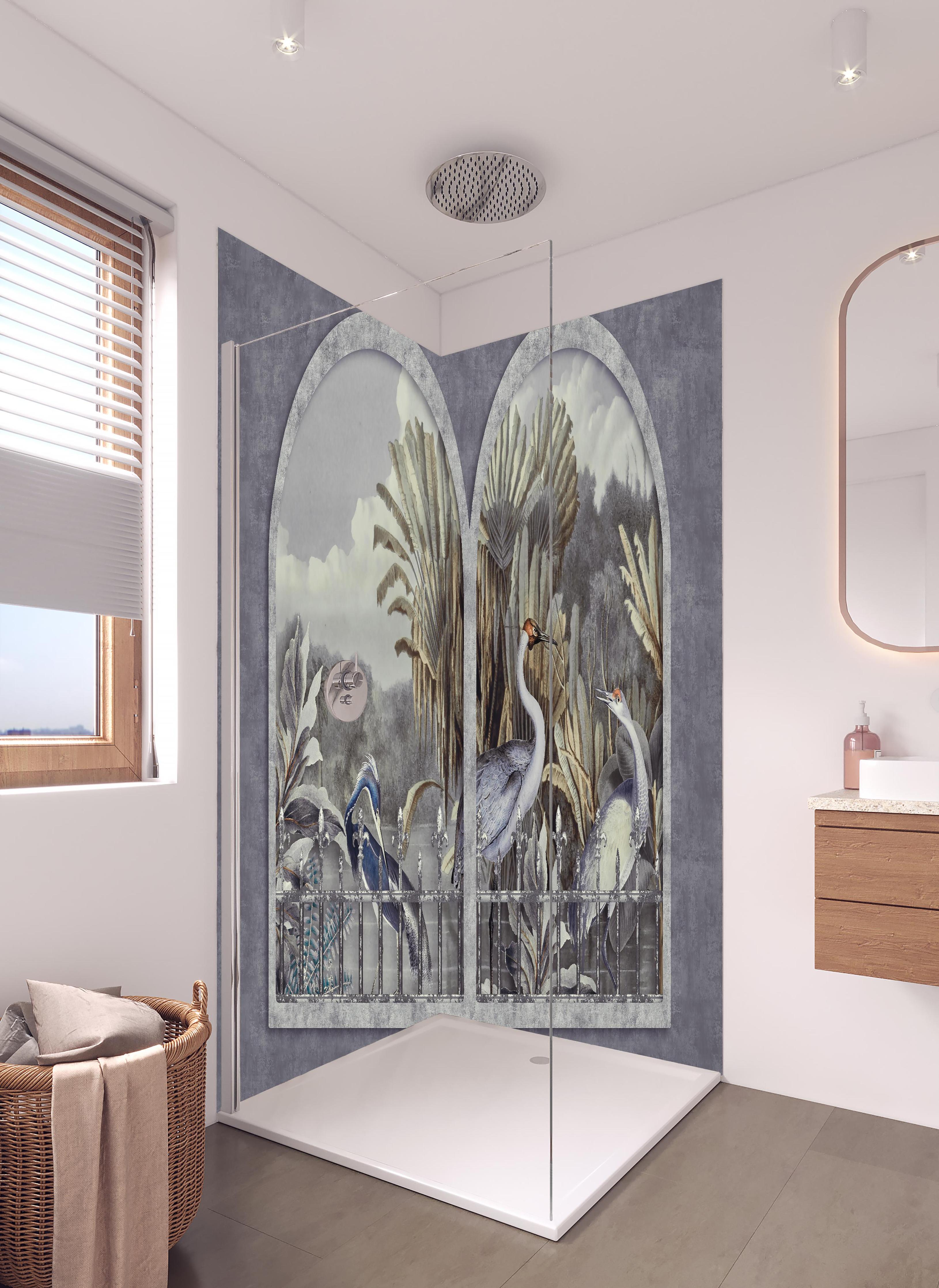 Duschrückwand - Kranich Gemälde - Tropisch in hellem Badezimmer mit Regenduschkopf - zweiteilige Eck-Duschrückwand