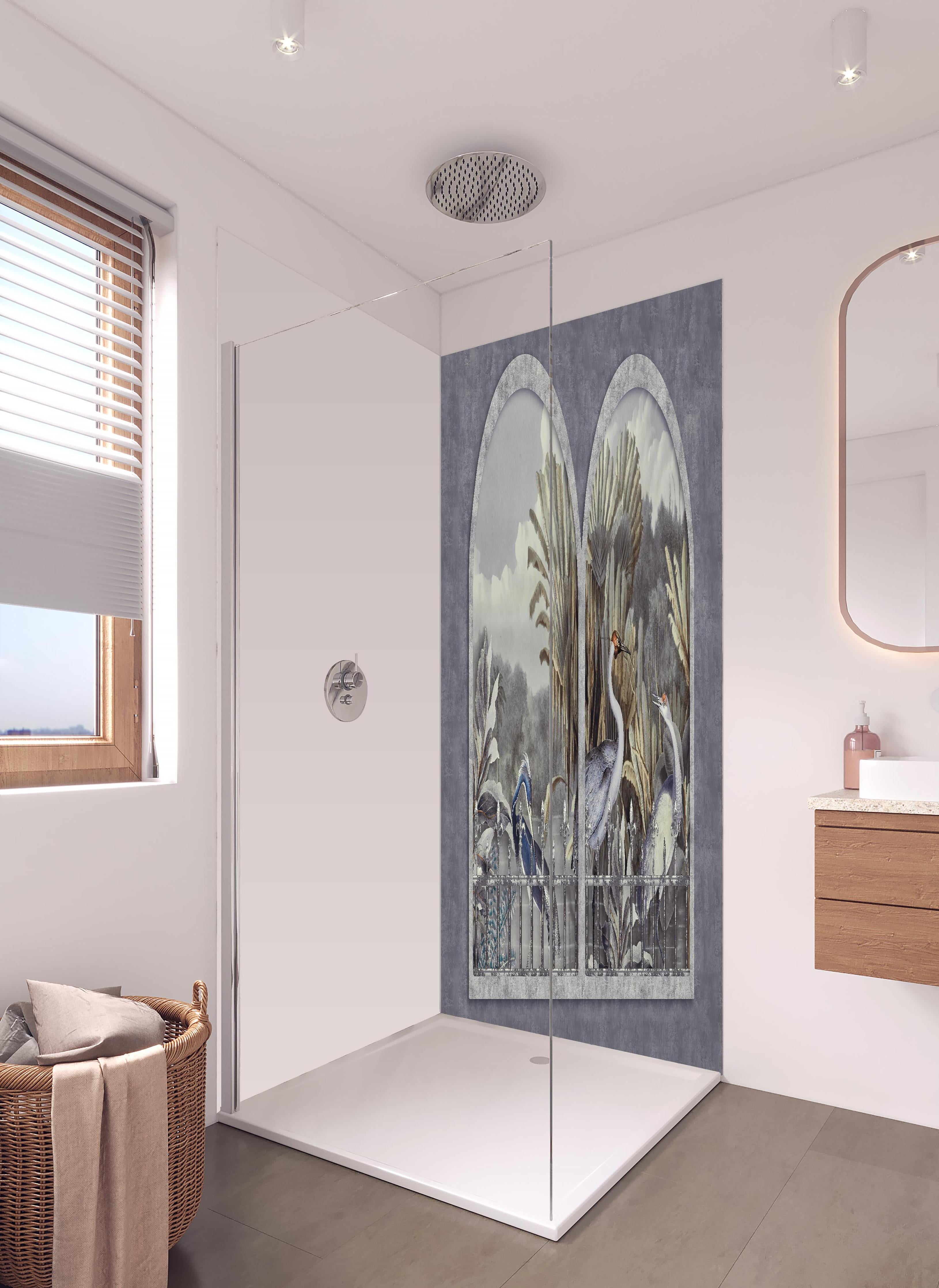 Duschrückwand - Kranich Gemälde - Tropisch in hellem Badezimmer mit Regenduschkopf - zweiteilige Eck-Duschrückwand