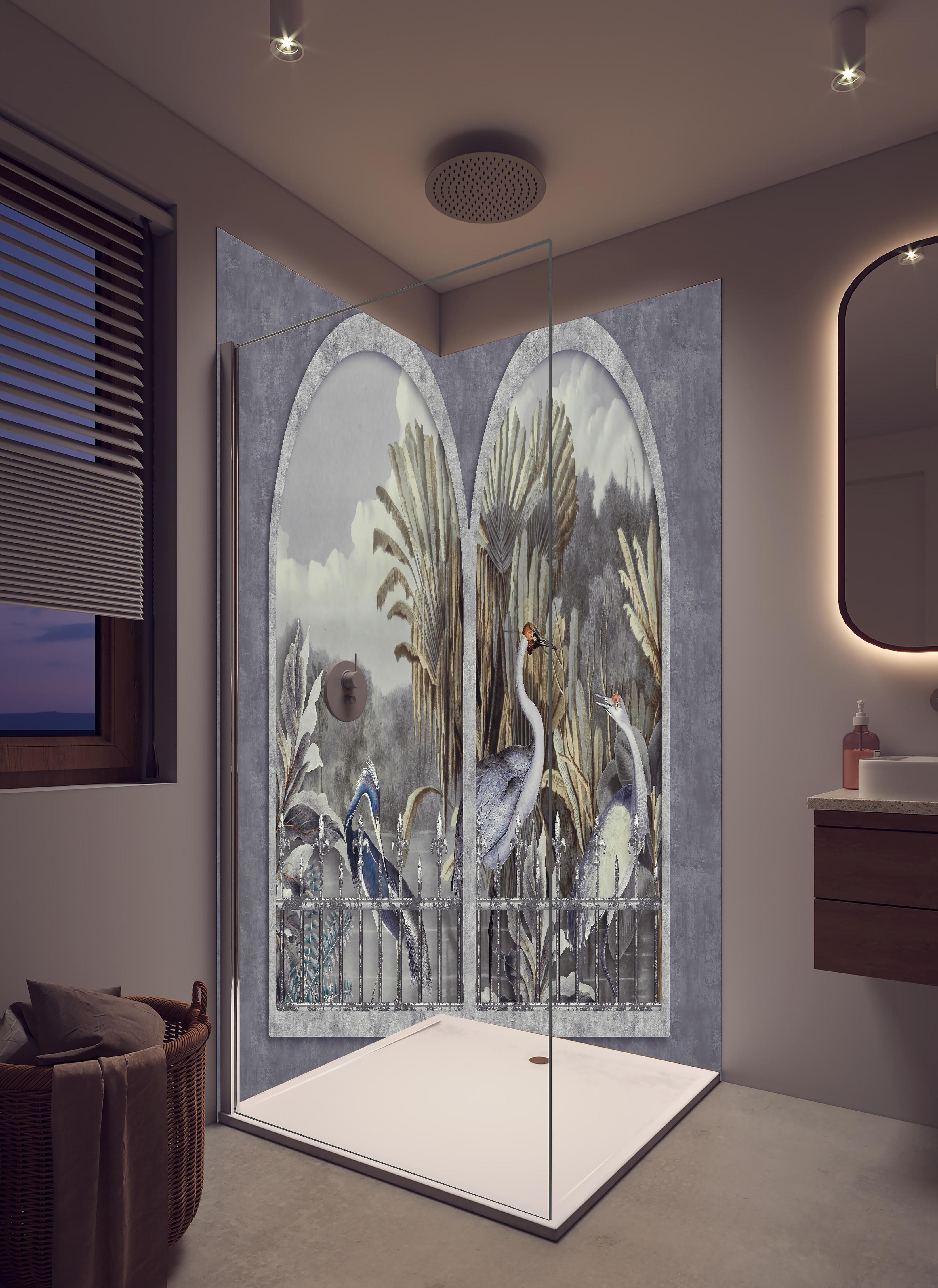 Duschrückwand - Kranich Gemälde - Tropisch in hellem Badezimmer mit Regenduschkopf - zweiteilige Eck-Duschrückwand