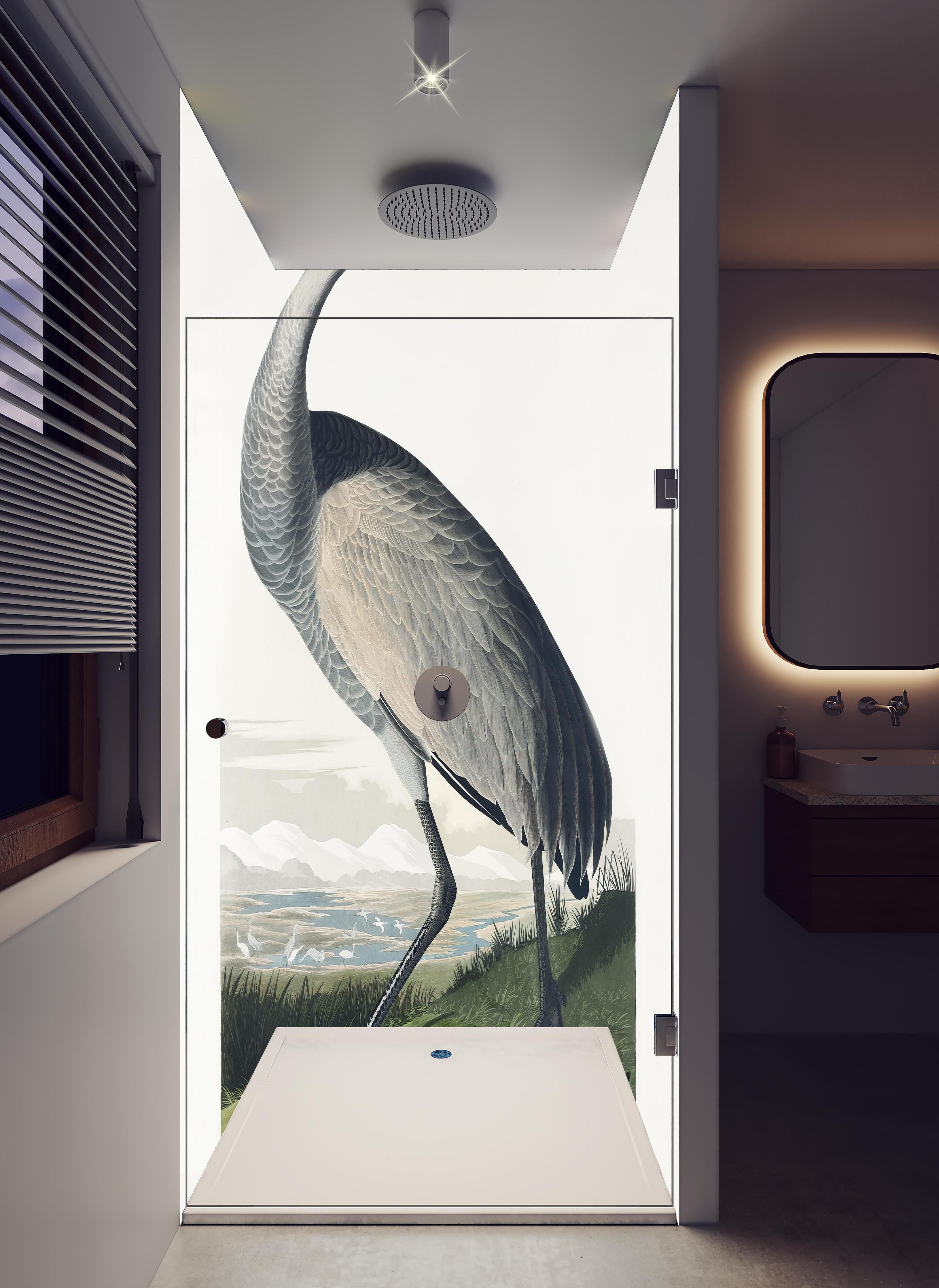 Duschrückwand - Kranisch Portrait - Robert Havell in hellem Badezimmer mit Regenduschkopf - zweiteilige Eck-Duschrückwand