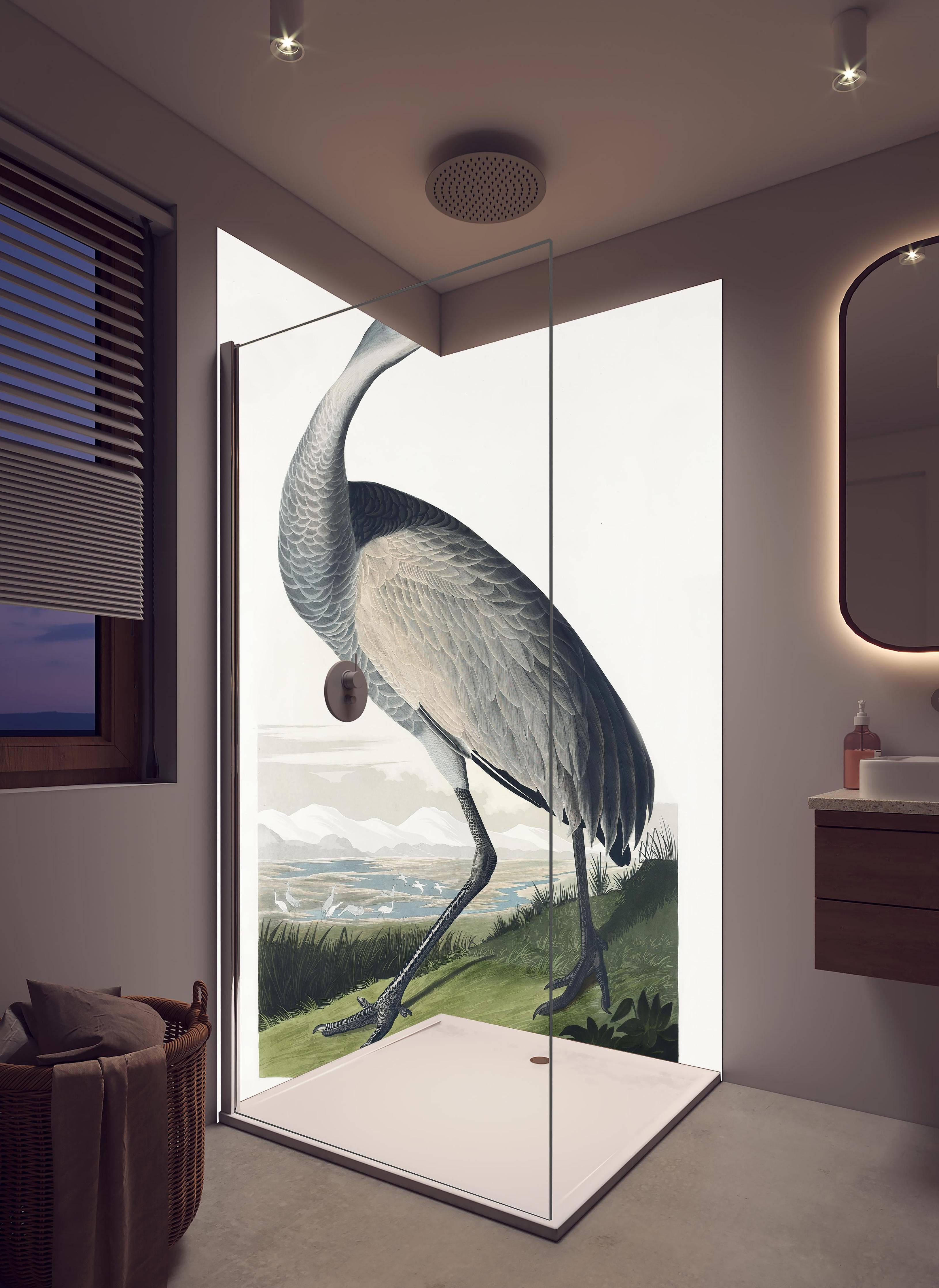 Duschrückwand - Kranisch Portrait - Robert Havell in hellem Badezimmer mit Regenduschkopf - zweiteilige Eck-Duschrückwand