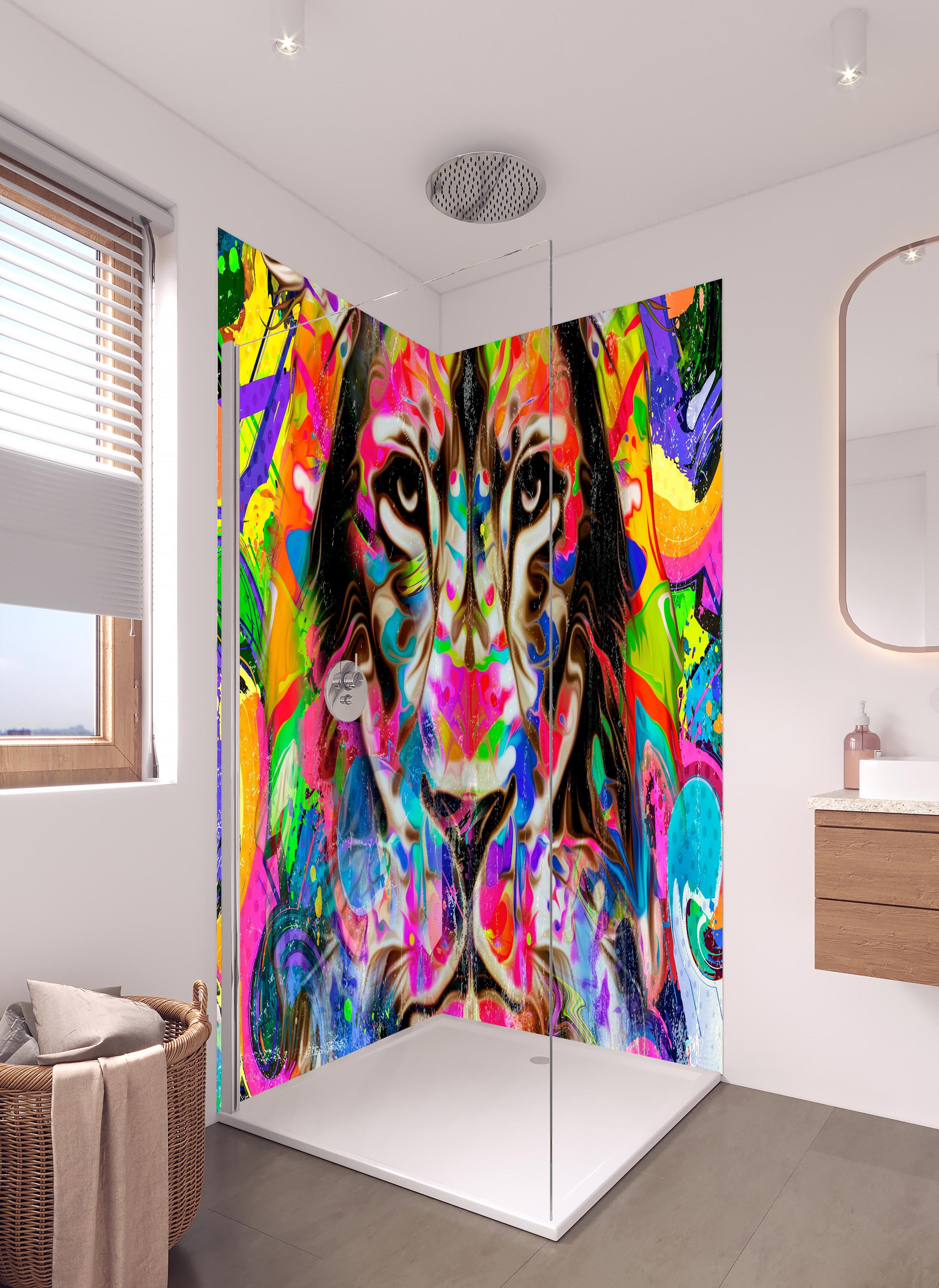 Duschrückwand - Kreative Darstellung eines Löwen in hellem Badezimmer mit Regenduschkopf - zweiteilige Eck-Duschrückwand