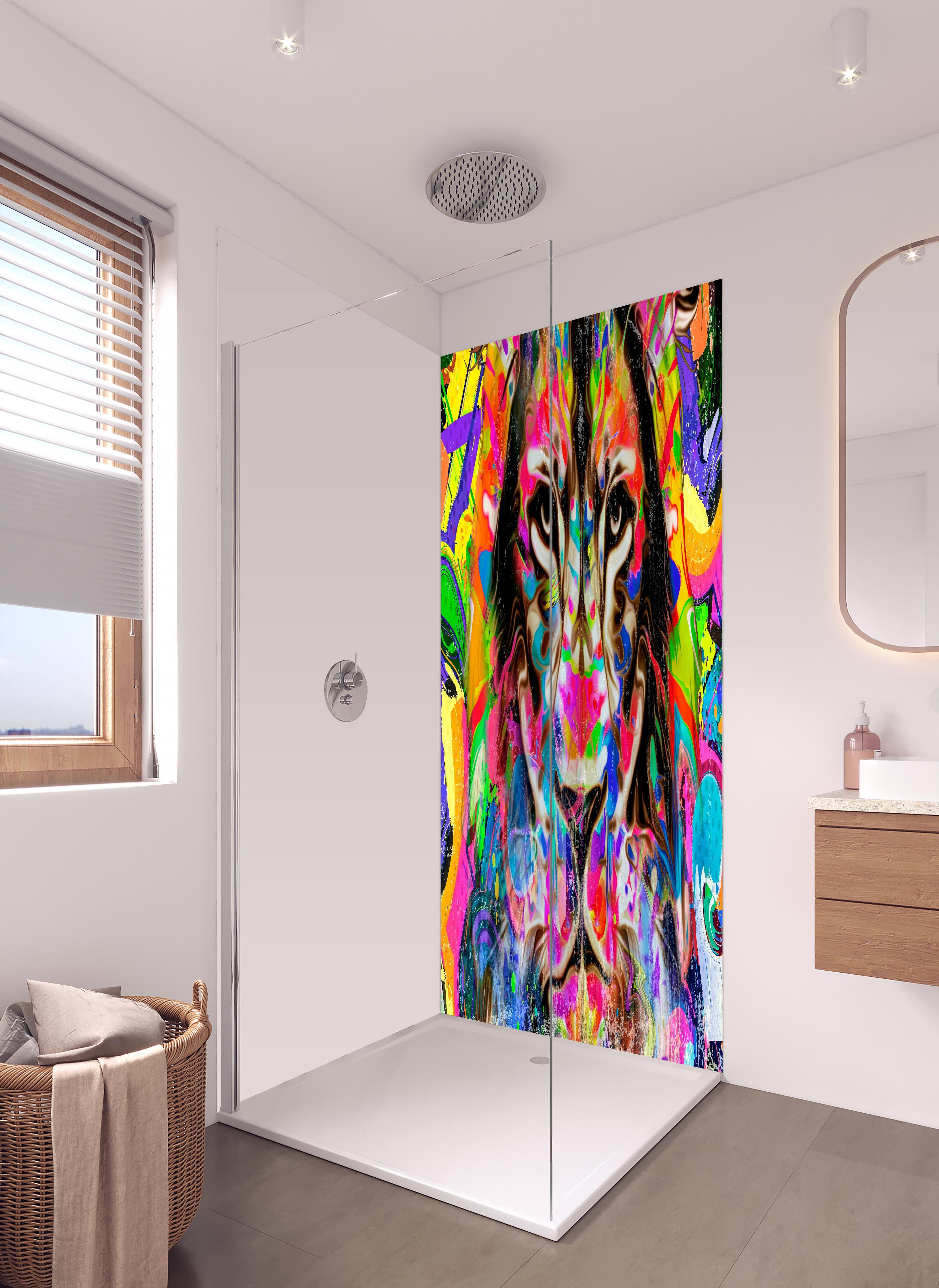 Duschrückwand - Kreative Darstellung eines Löwen in hellem Badezimmer mit Regenduschkopf - zweiteilige Eck-Duschrückwand