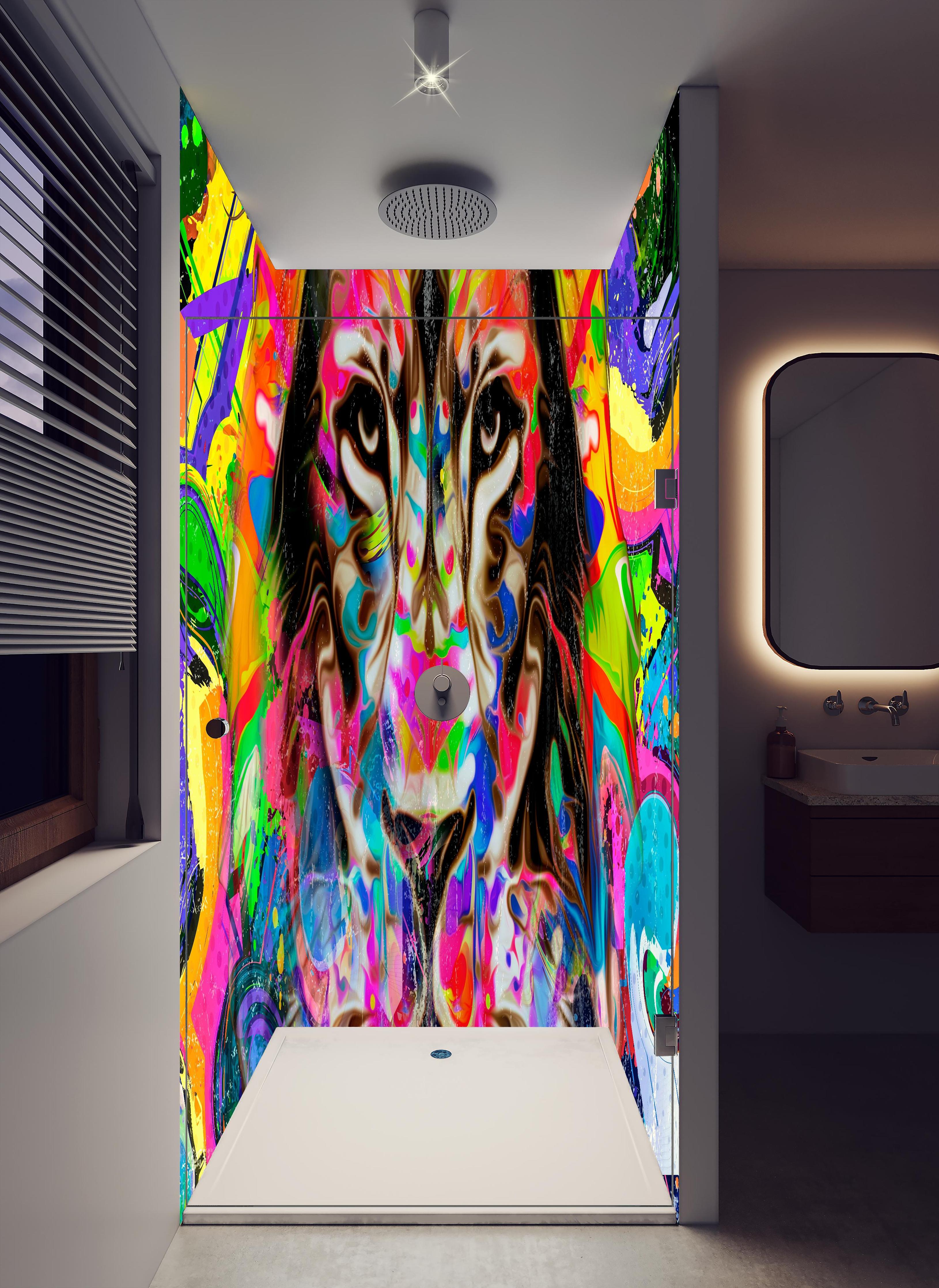 Duschrückwand - Kreative Darstellung eines Löwen in hellem Badezimmer mit Regenduschkopf - zweiteilige Eck-Duschrückwand