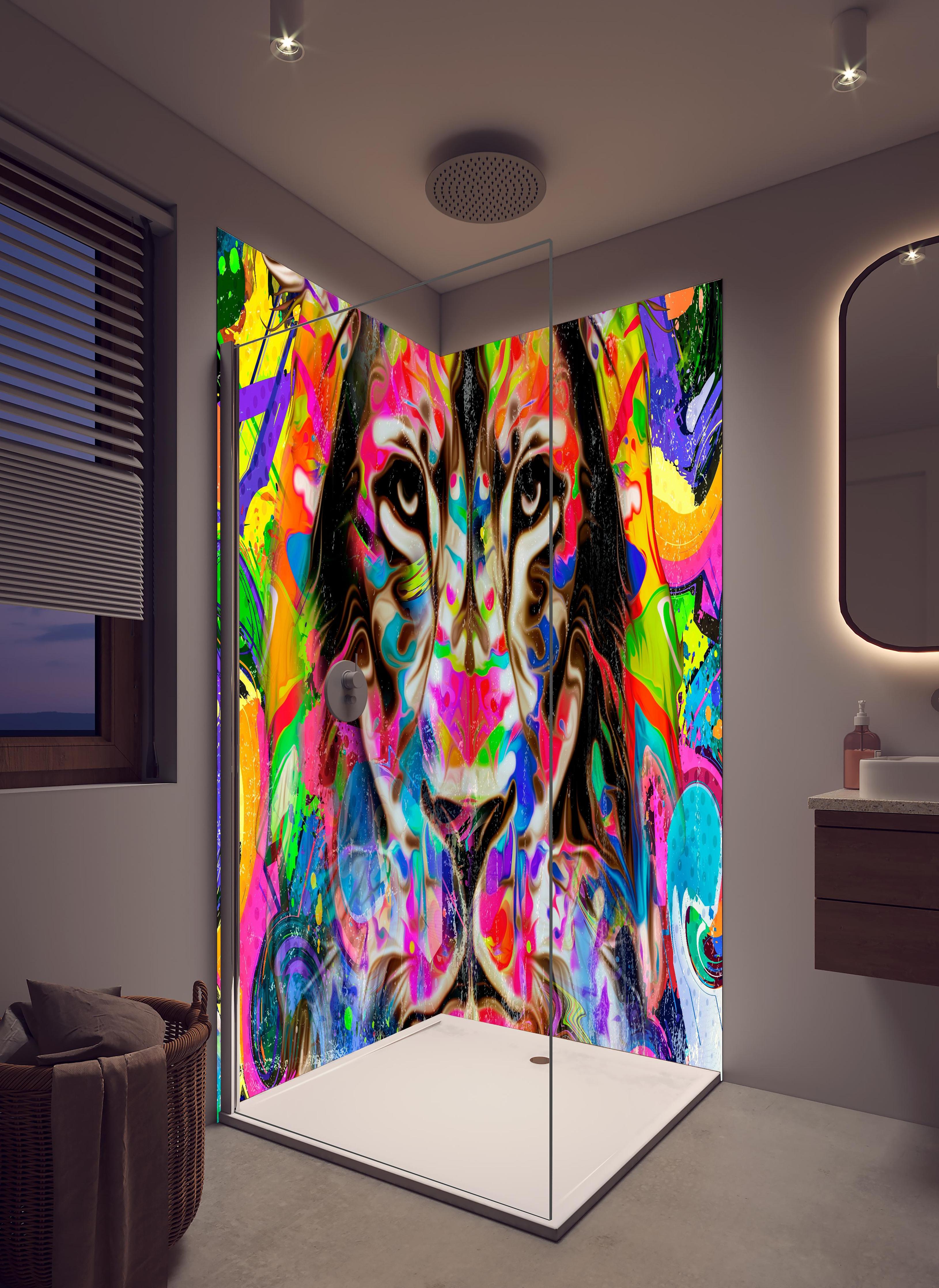 Duschrückwand - Kreative Darstellung eines Löwen in hellem Badezimmer mit Regenduschkopf - zweiteilige Eck-Duschrückwand