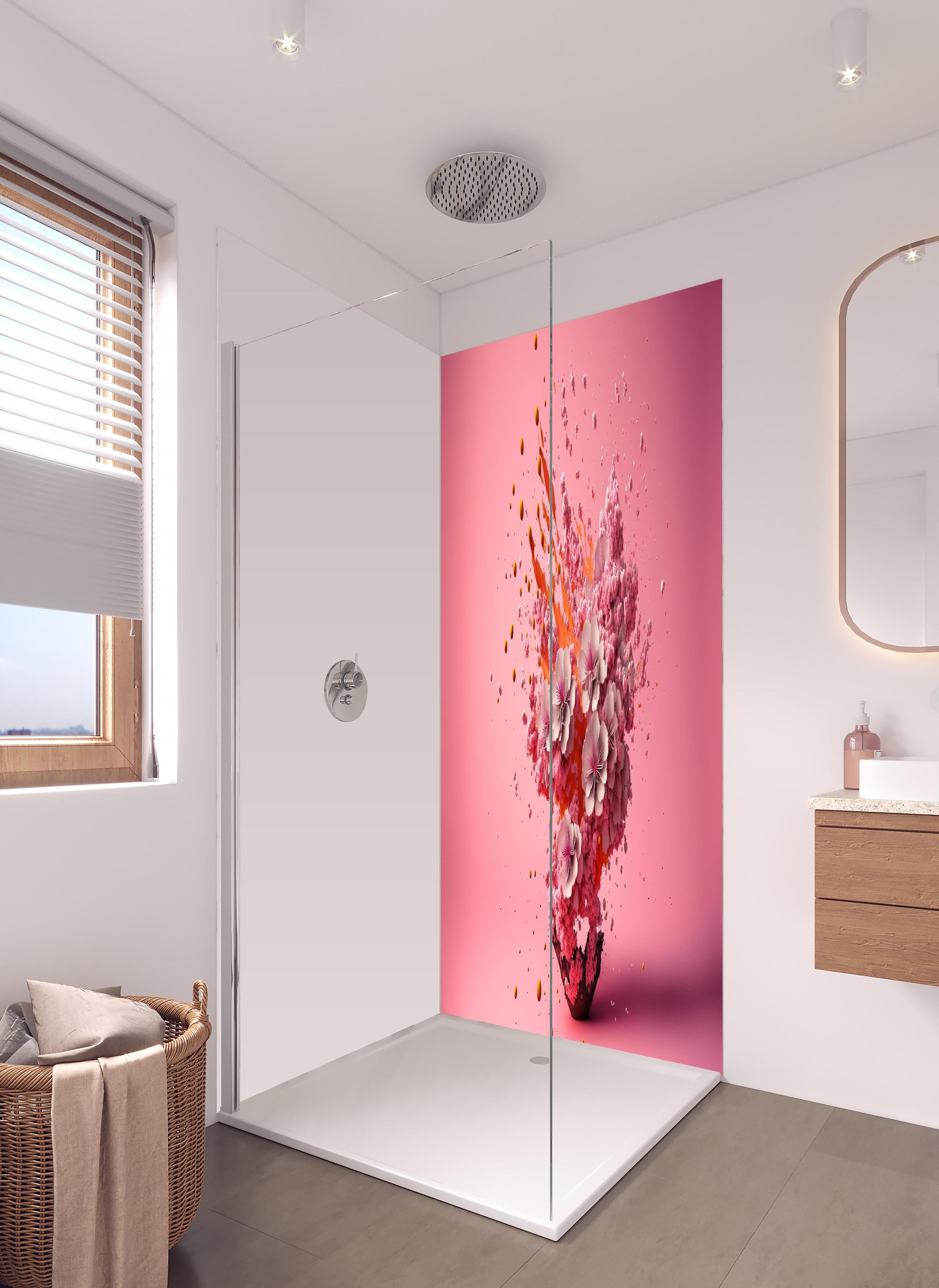 Duschrückwand - Kreative Kirschblüten Petalen Explosion in hellem Badezimmer mit Regenduschkopf - zweiteilige Eck-Duschrückwand