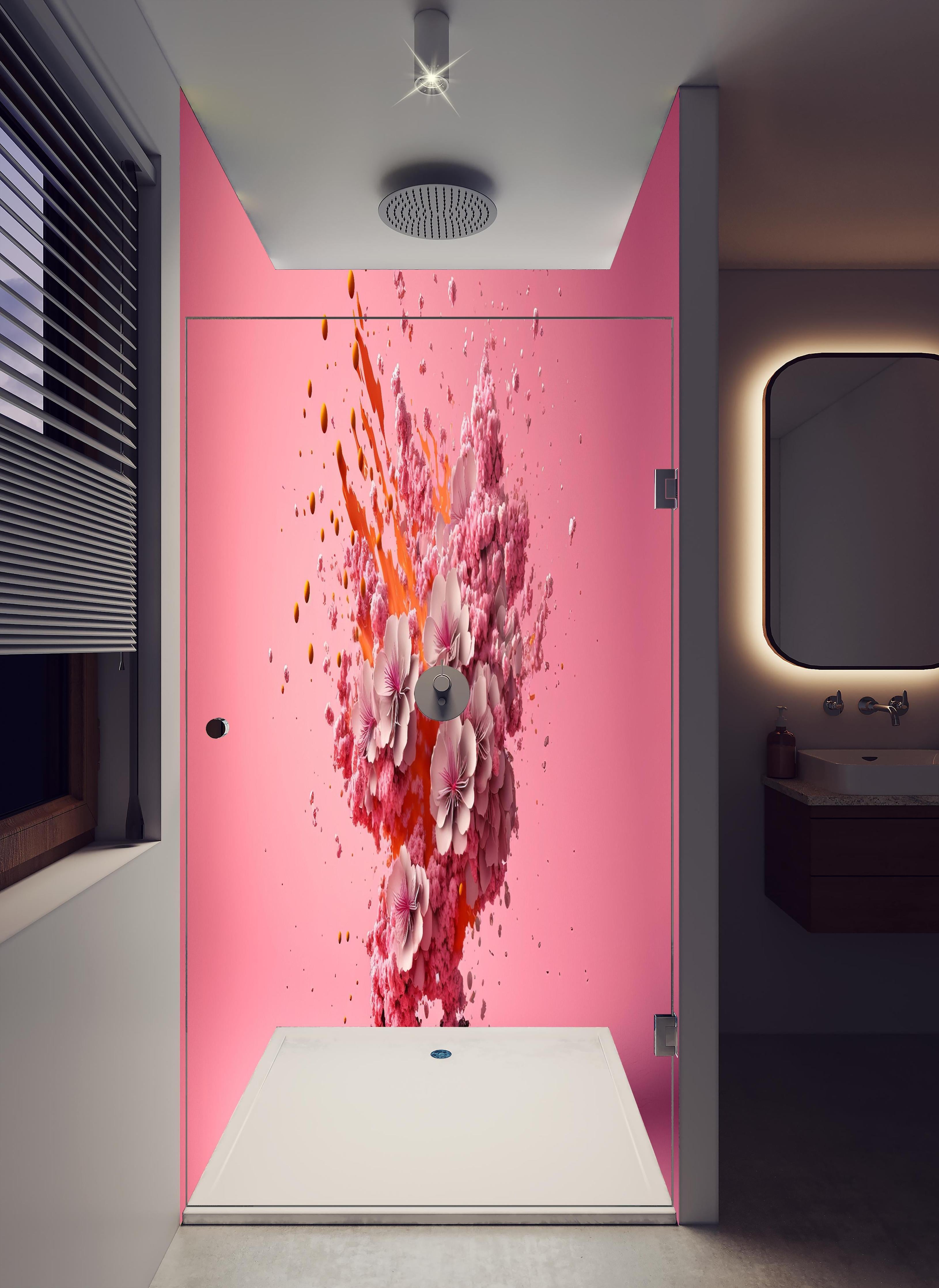 Duschrückwand - Kreative Kirschblüten Petalen Explosion in hellem Badezimmer mit Regenduschkopf - zweiteilige Eck-Duschrückwand
