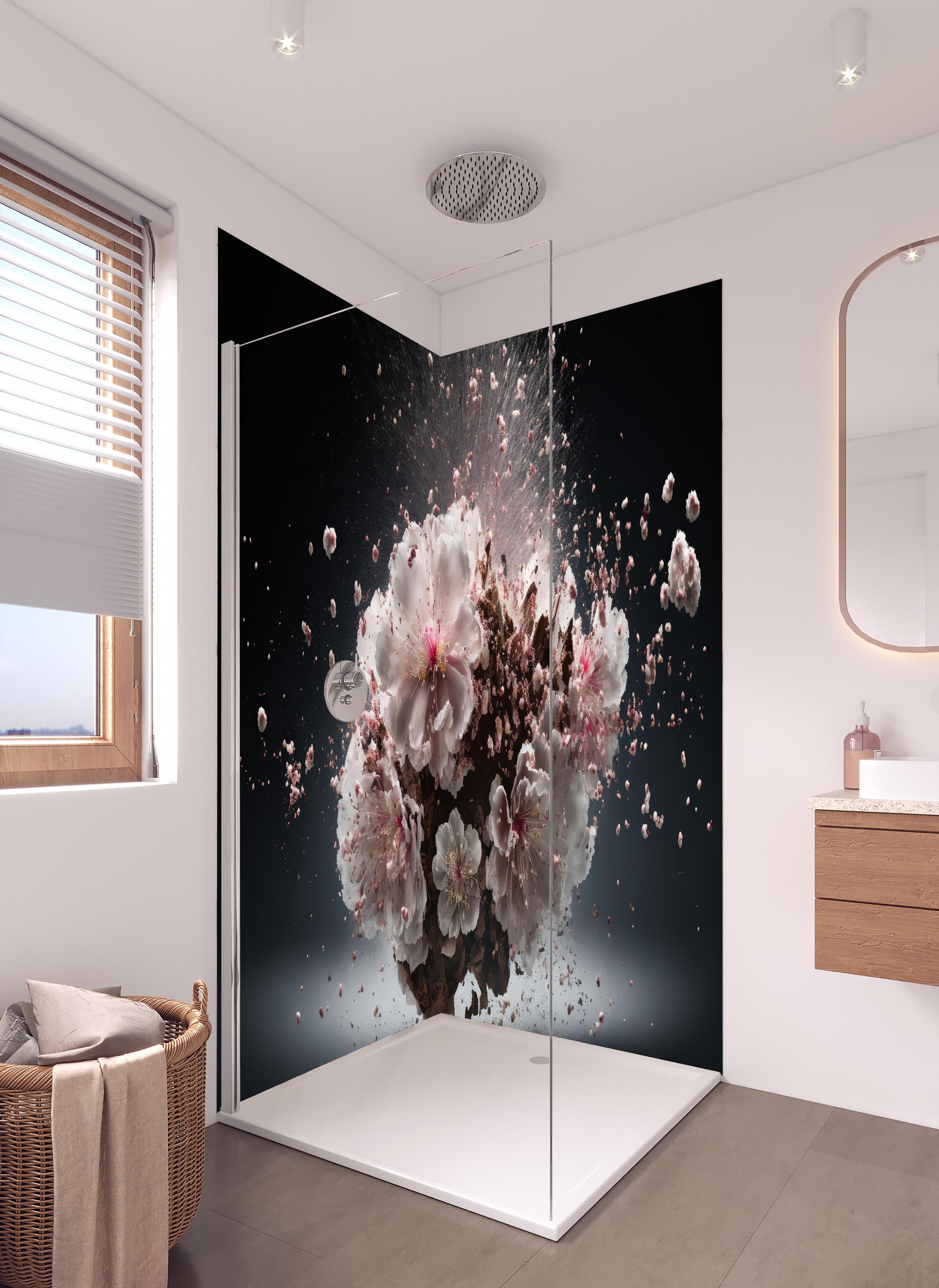 Duschrückwand - Kreative Kirschblütenblütenexplosion 2 in hellem Badezimmer mit Regenduschkopf - zweiteilige Eck-Duschrückwand