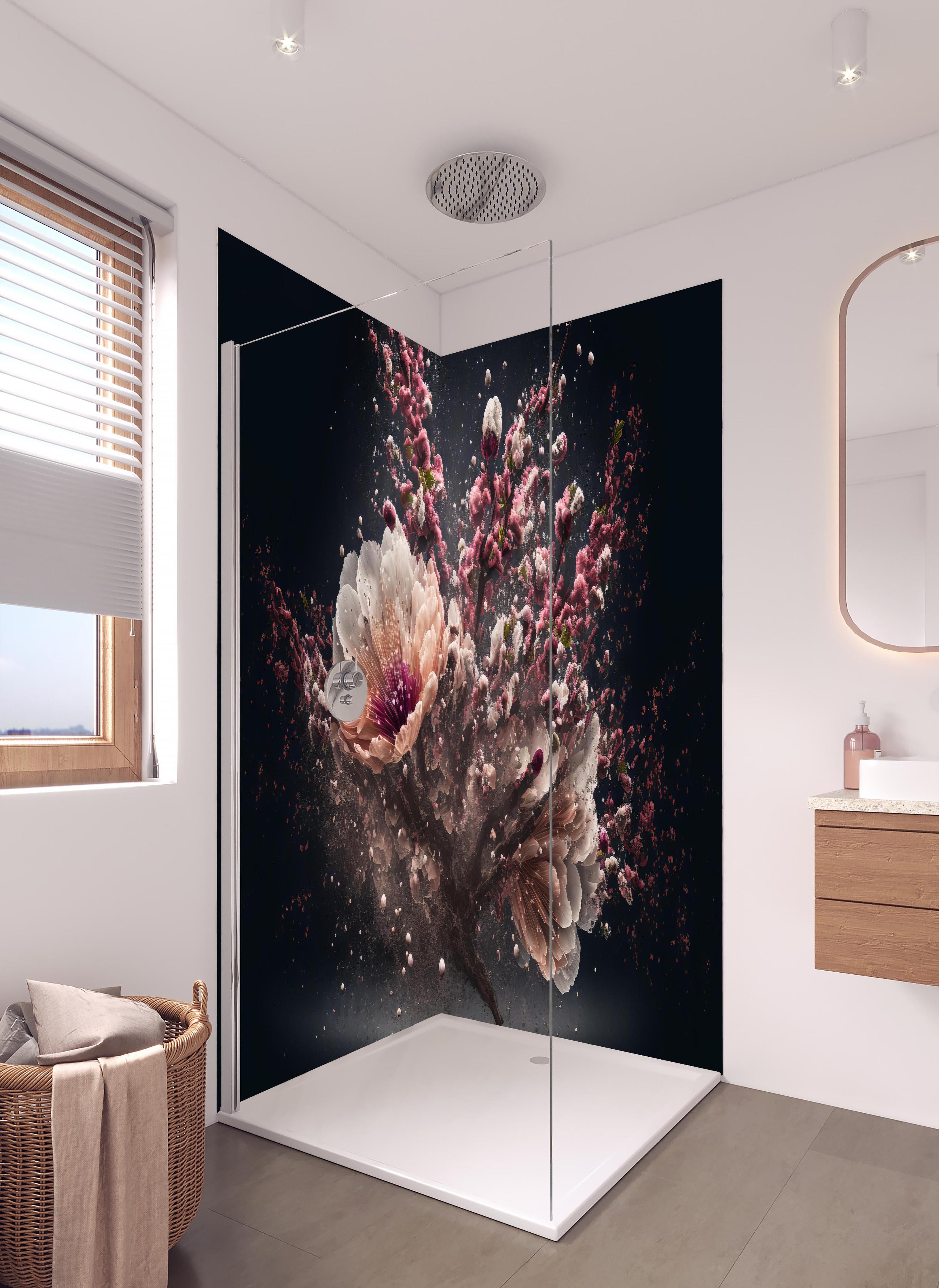 Duschrückwand - Kreative Kirschblütenblütenexplosion in hellem Badezimmer mit Regenduschkopf - zweiteilige Eck-Duschrückwand