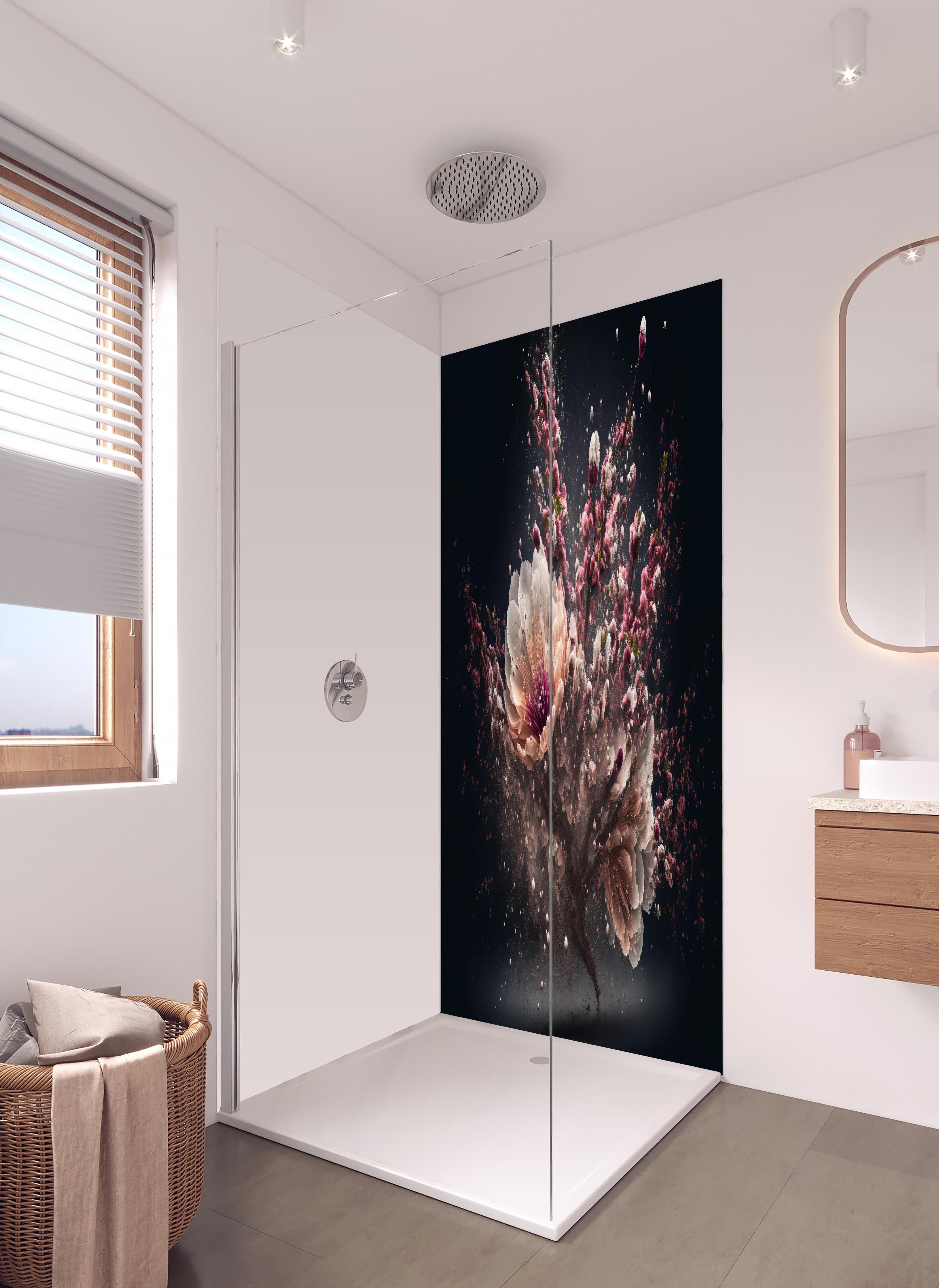 Duschrückwand - Kreative Kirschblütenblütenexplosion in hellem Badezimmer mit Regenduschkopf - zweiteilige Eck-Duschrückwand