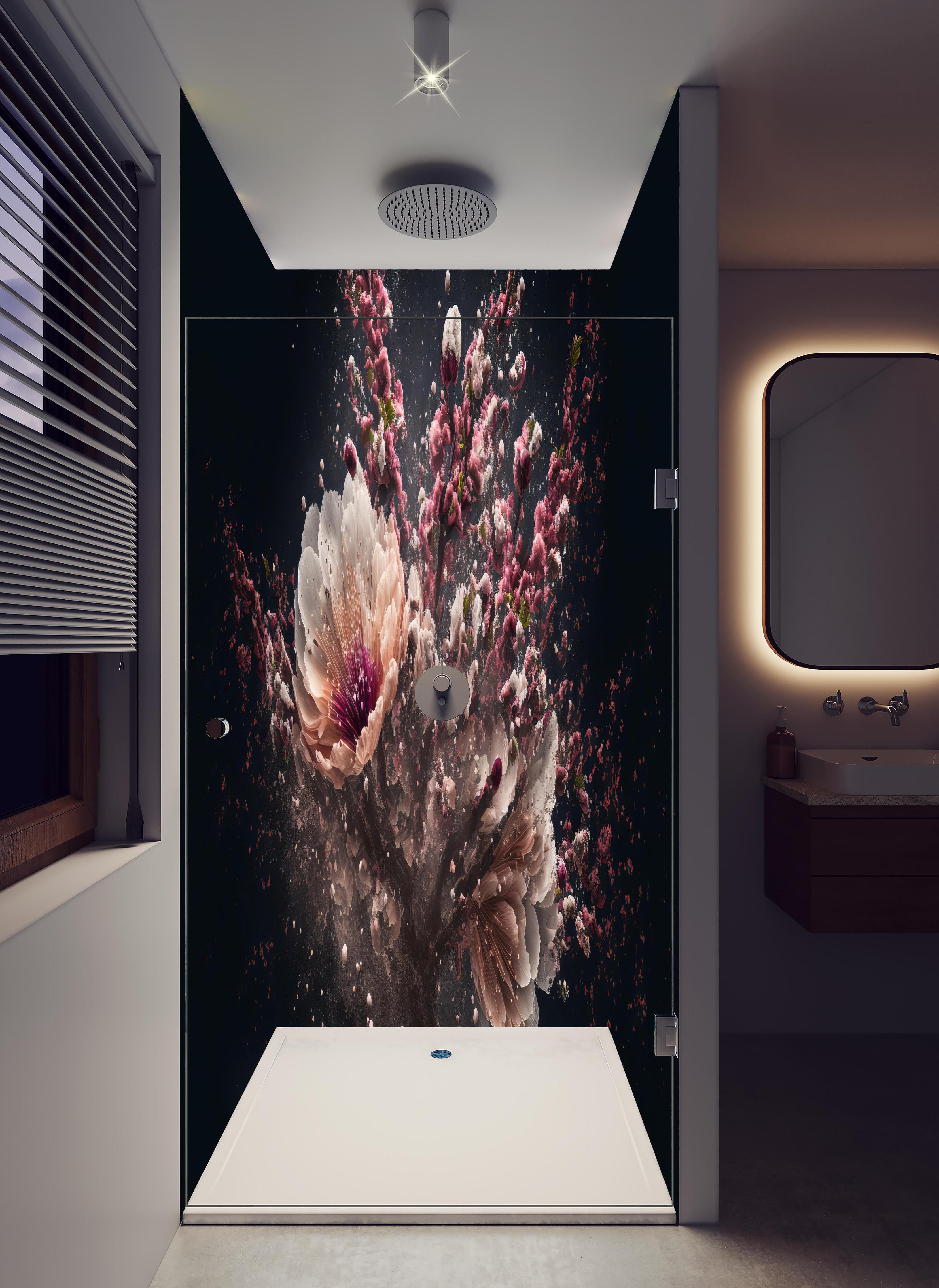 Duschrückwand - Kreative Kirschblütenblütenexplosion in hellem Badezimmer mit Regenduschkopf - zweiteilige Eck-Duschrückwand