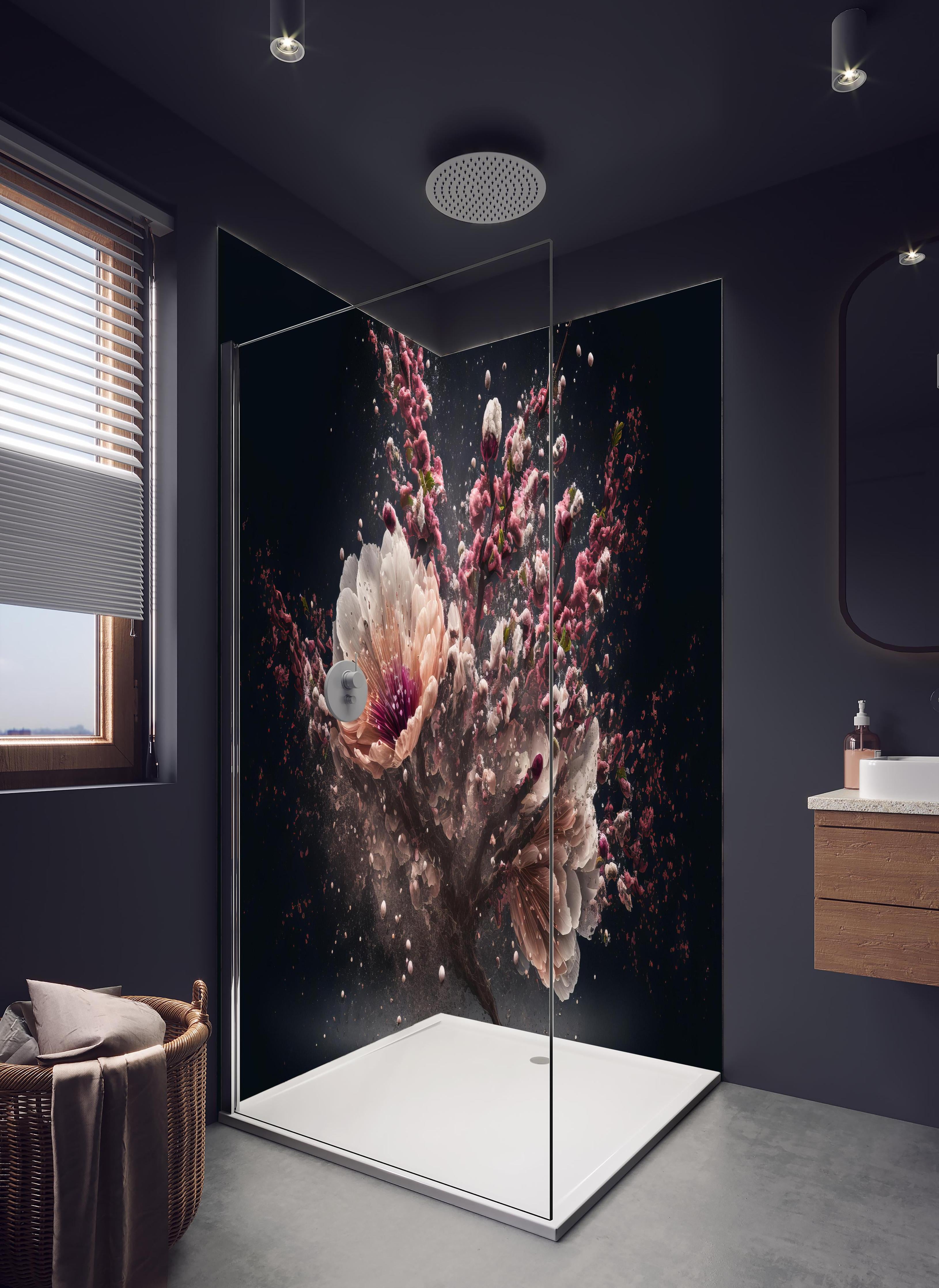 Duschrückwand - Kreative Kirschblütenblütenexplosion in hellem Badezimmer mit Regenduschkopf - zweiteilige Eck-Duschrückwand