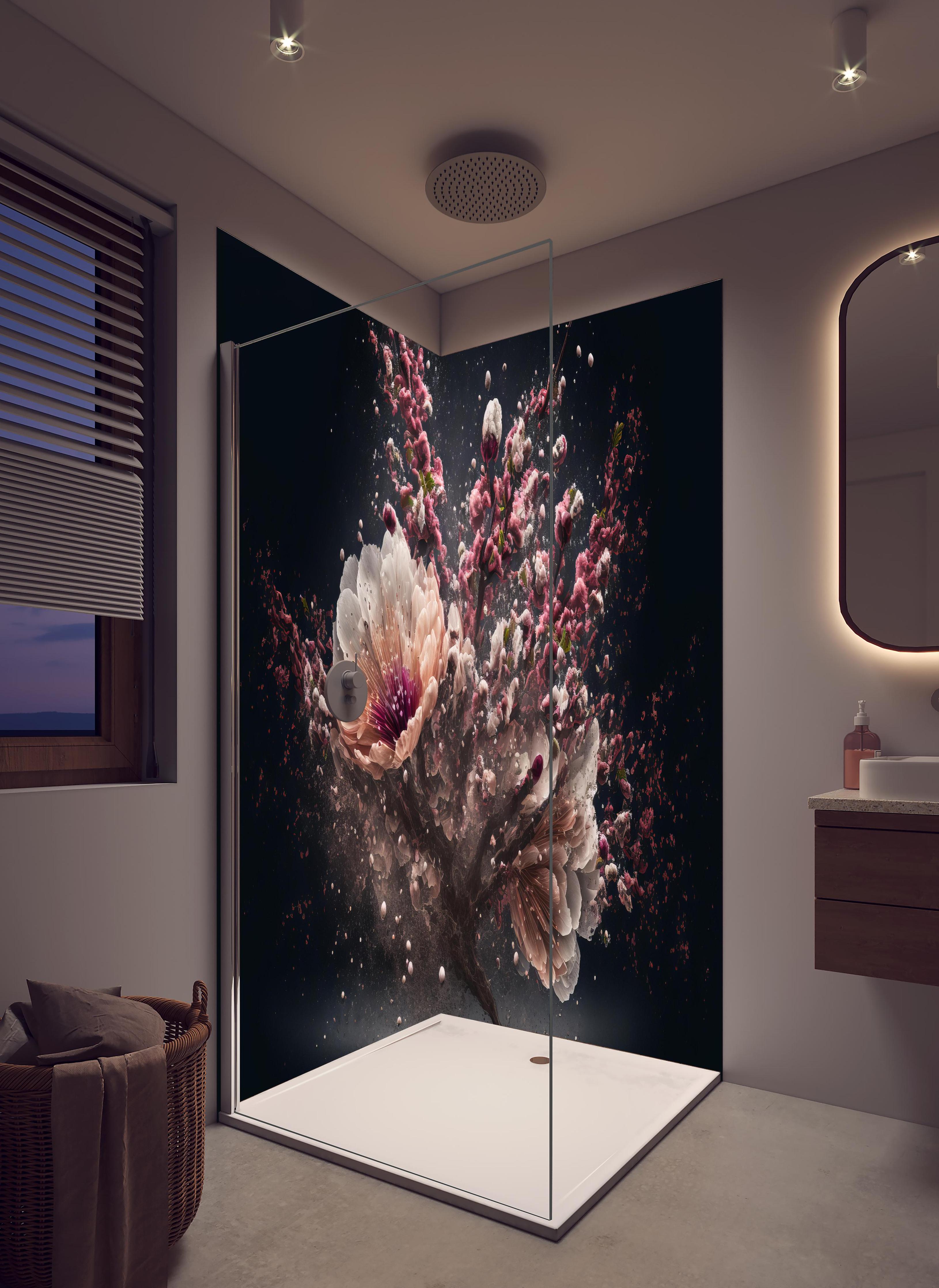 Duschrückwand - Kreative Kirschblütenblütenexplosion in hellem Badezimmer mit Regenduschkopf - zweiteilige Eck-Duschrückwand