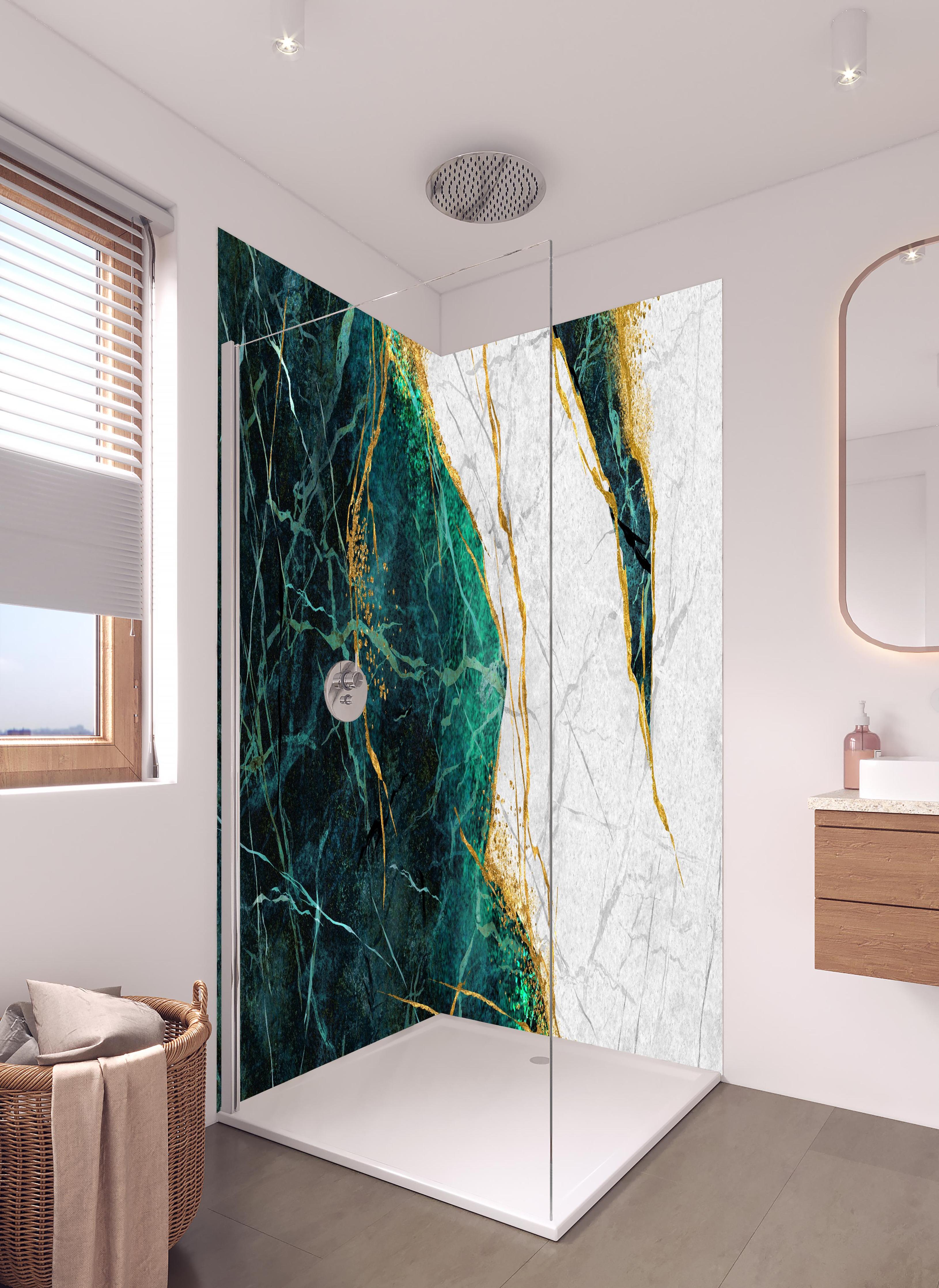 Duschrückwand - Kreative Marmor Textur - Luxus in hellem Badezimmer mit Regenduschkopf - zweiteilige Eck-Duschrückwand