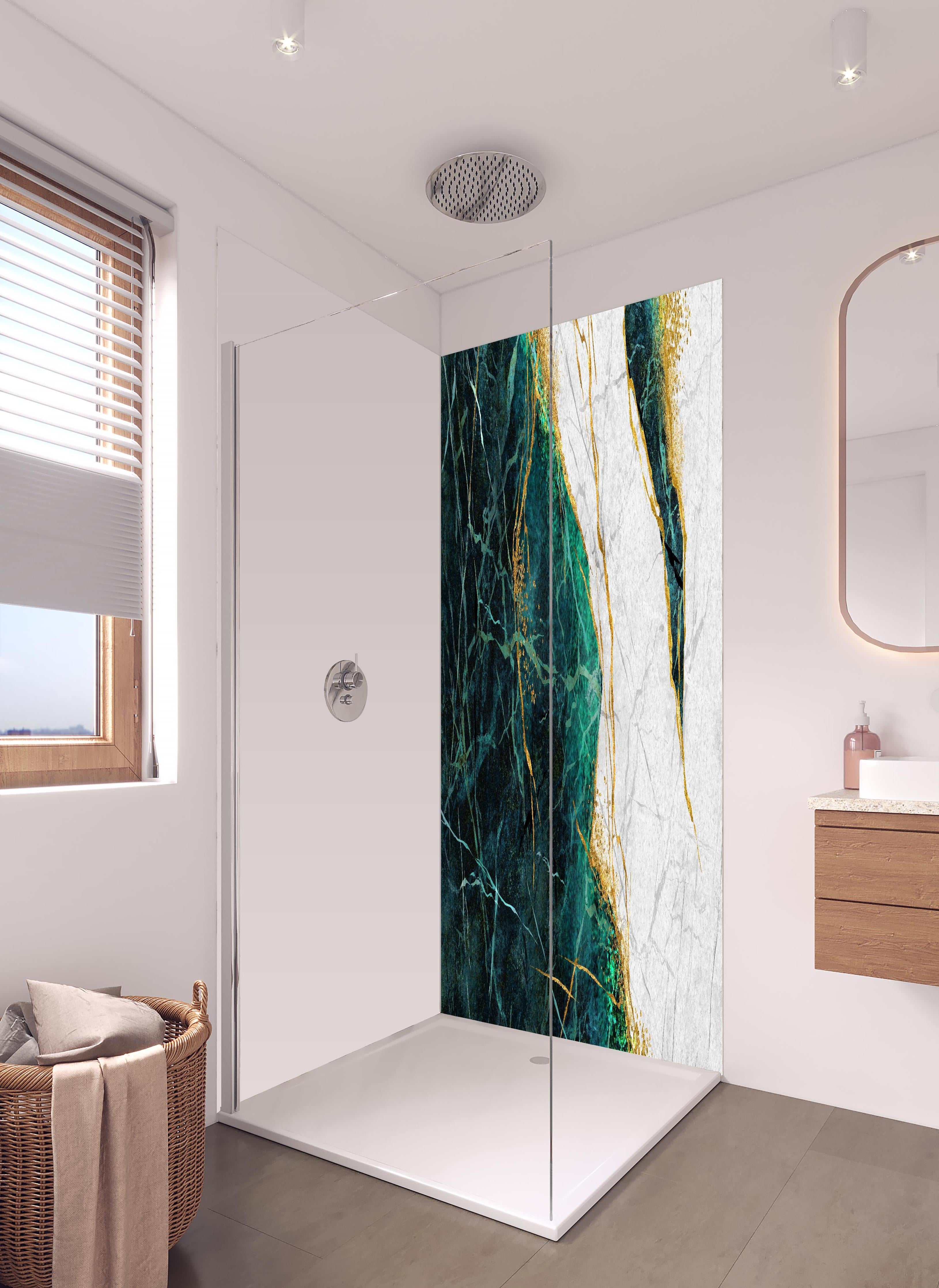 Duschrückwand - Kreative Marmor Textur - Luxus in hellem Badezimmer mit Regenduschkopf - zweiteilige Eck-Duschrückwand