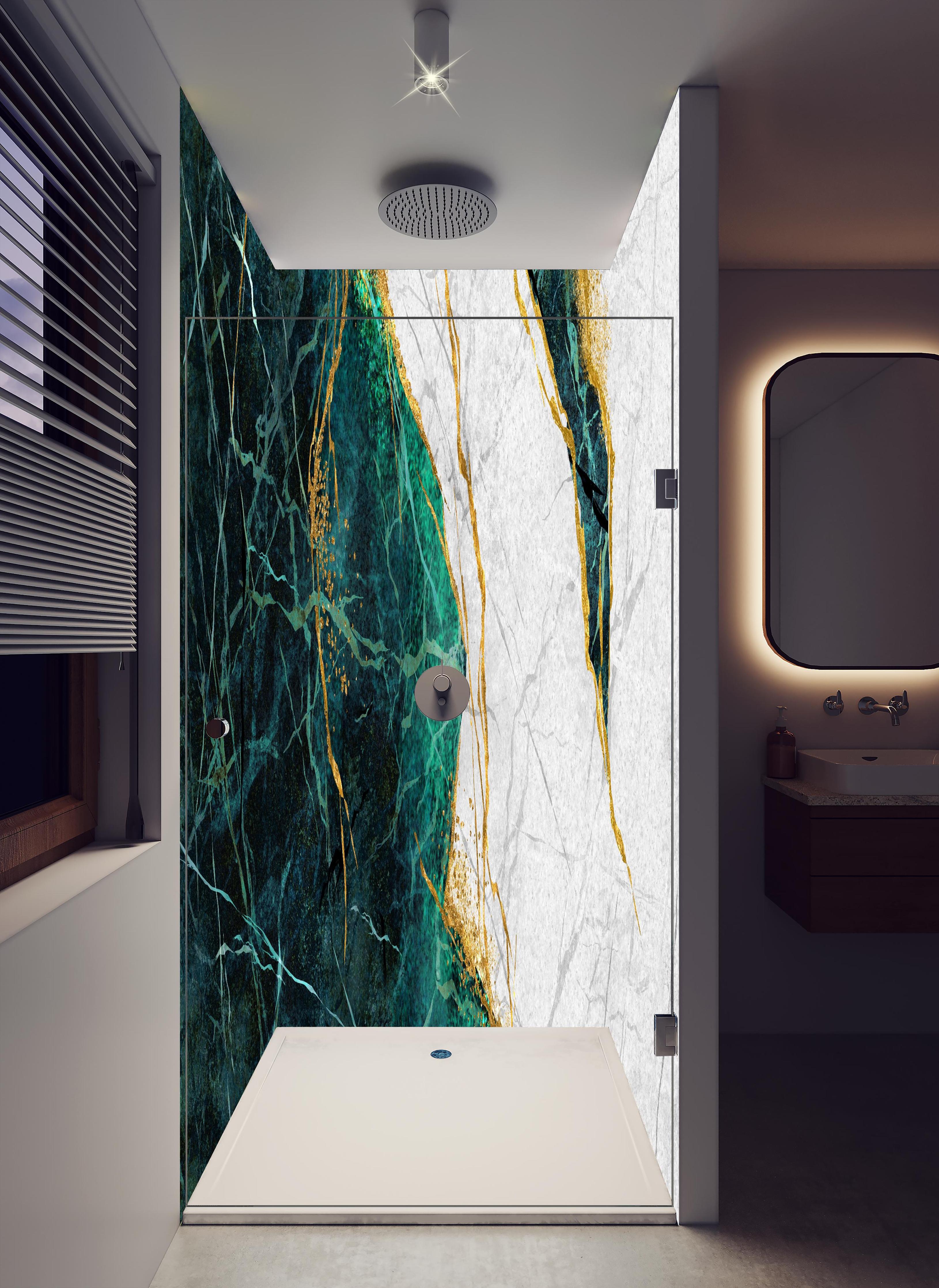 Duschrückwand - Kreative Marmor Textur - Luxus in hellem Badezimmer mit Regenduschkopf - zweiteilige Eck-Duschrückwand