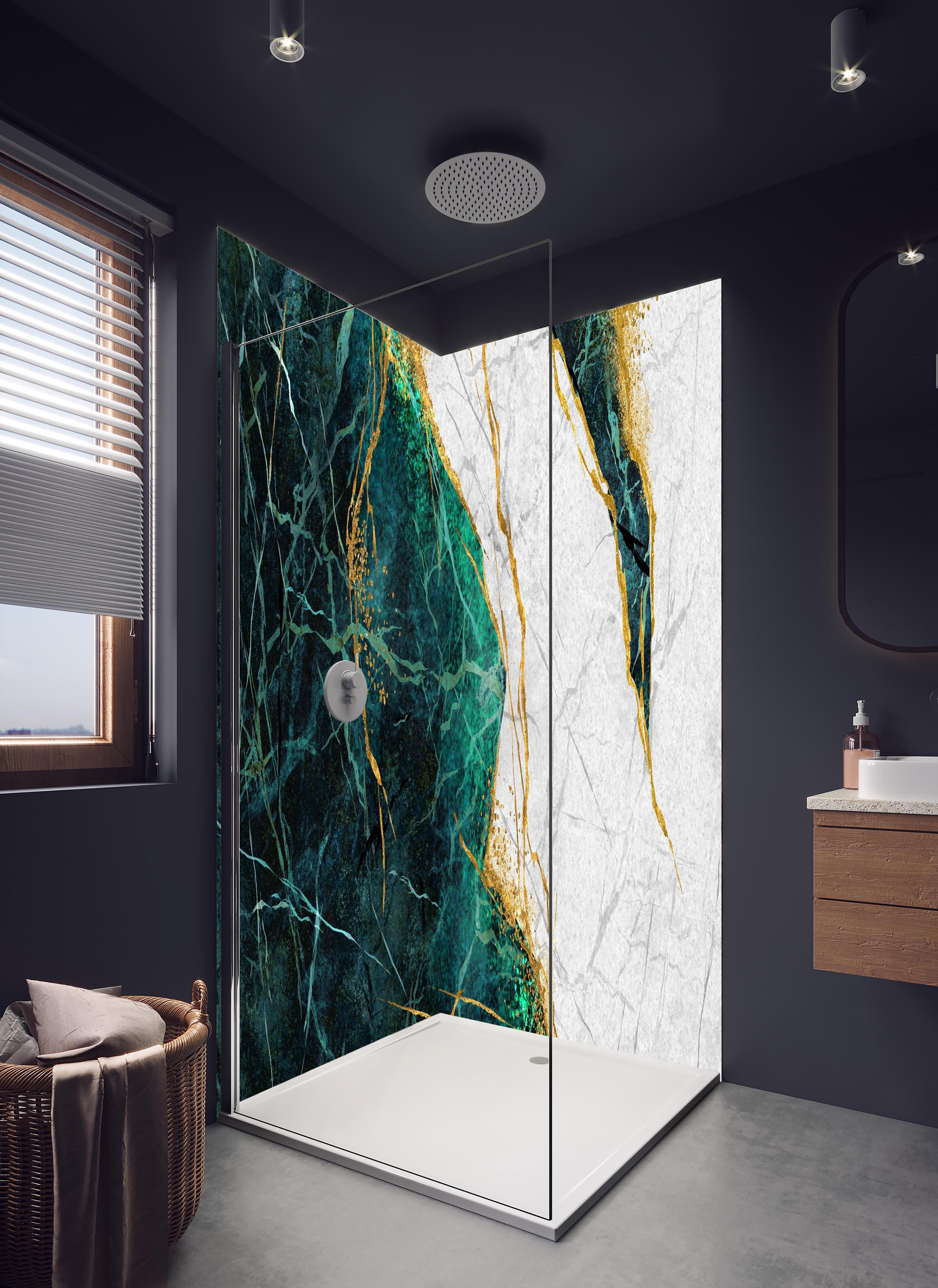 Duschrückwand - Kreative Marmor Textur - Luxus in hellem Badezimmer mit Regenduschkopf - zweiteilige Eck-Duschrückwand