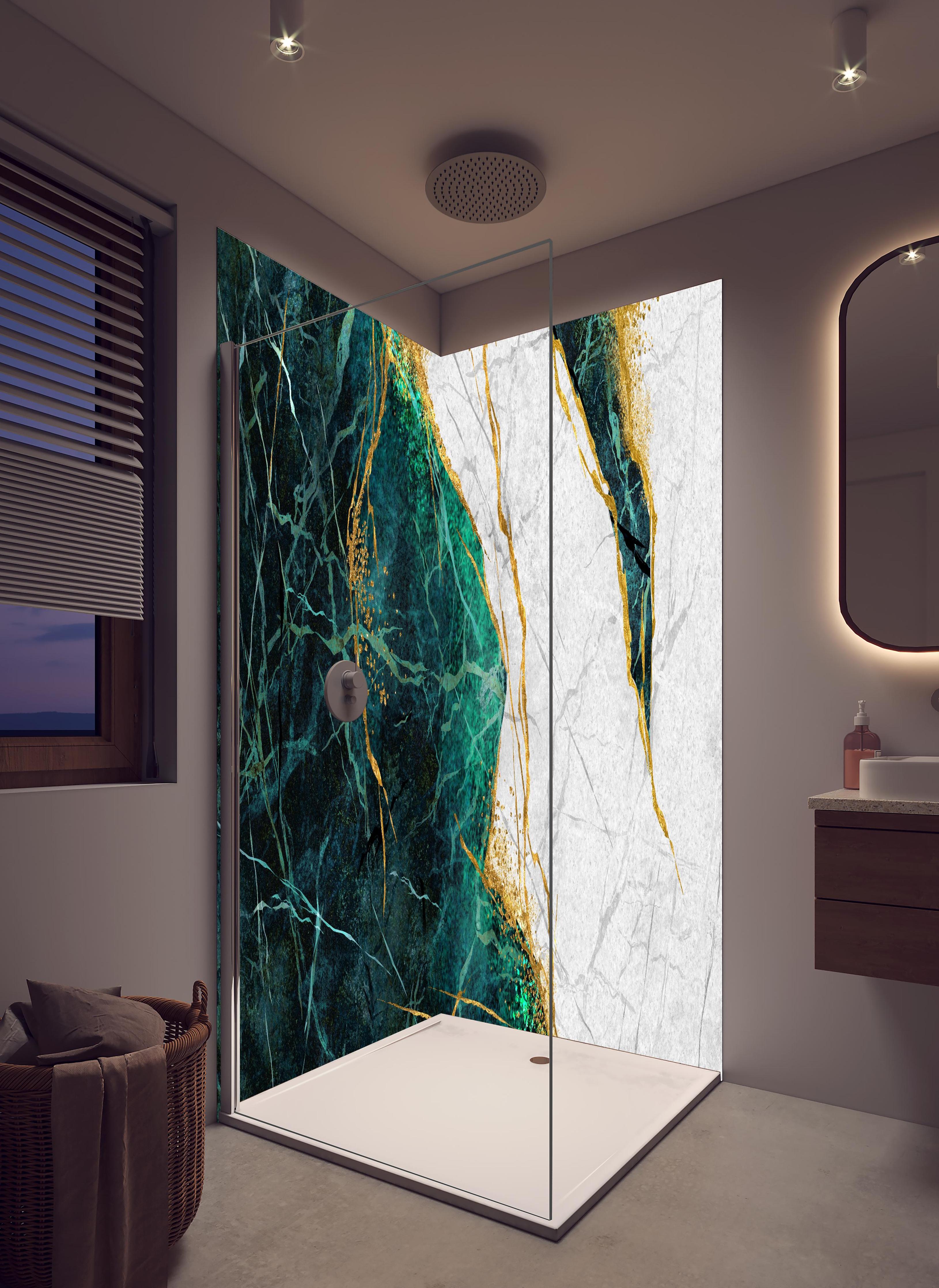 Duschrückwand - Kreative Marmor Textur - Luxus in hellem Badezimmer mit Regenduschkopf - zweiteilige Eck-Duschrückwand