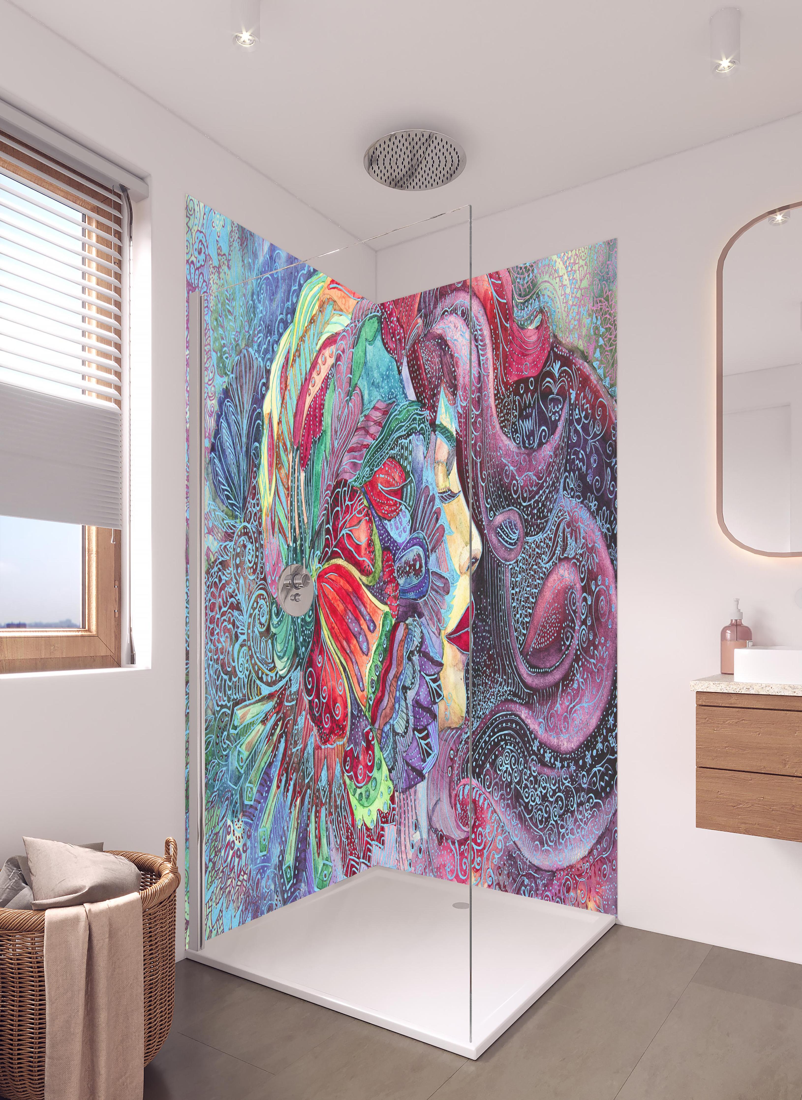 Duschrückwand - Kreatives Aquarell einer Frau in hellem Badezimmer mit Regenduschkopf - zweiteilige Eck-Duschrückwand
