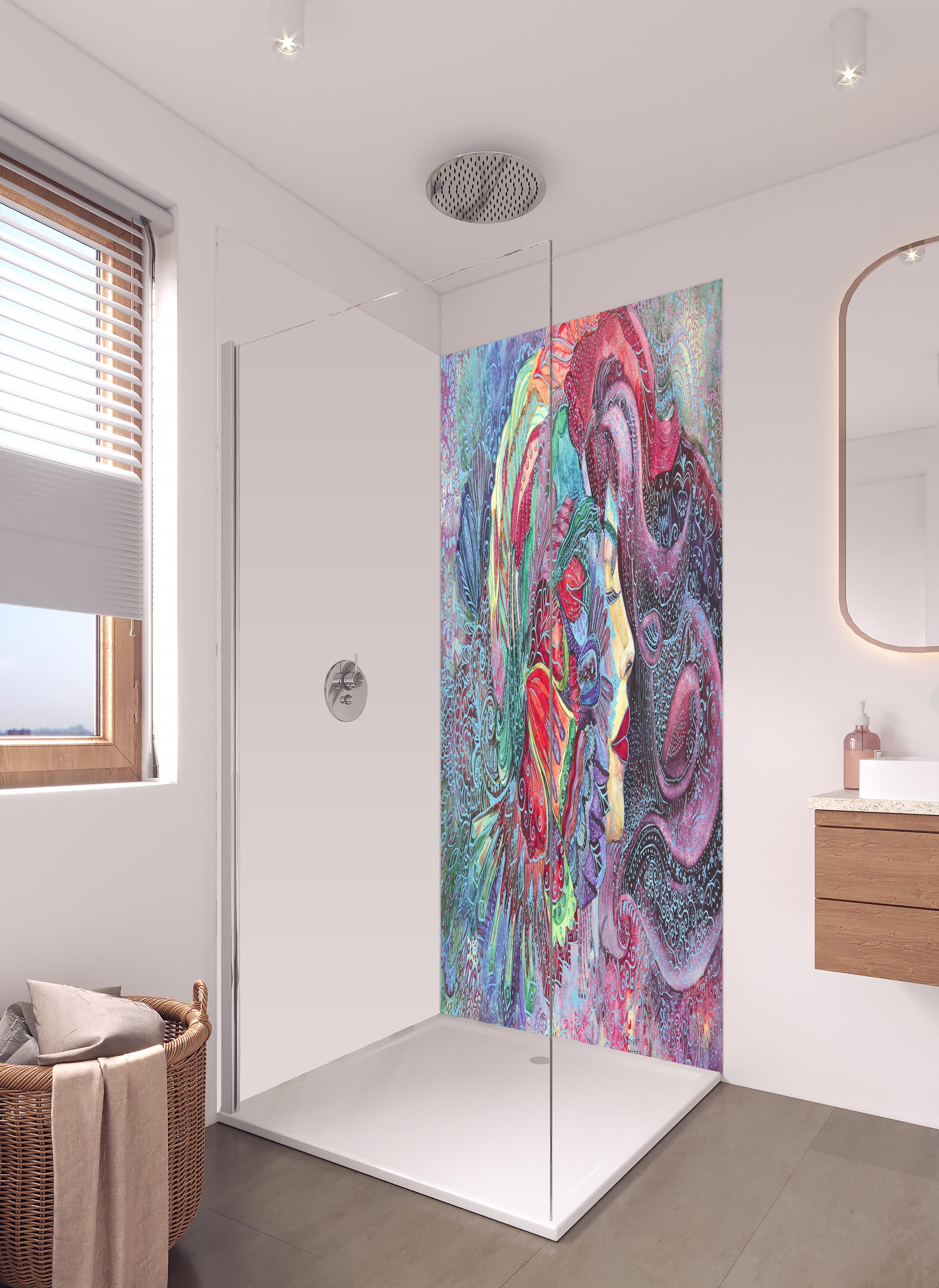 Duschrückwand - Kreatives Aquarell einer Frau in hellem Badezimmer mit Regenduschkopf - zweiteilige Eck-Duschrückwand