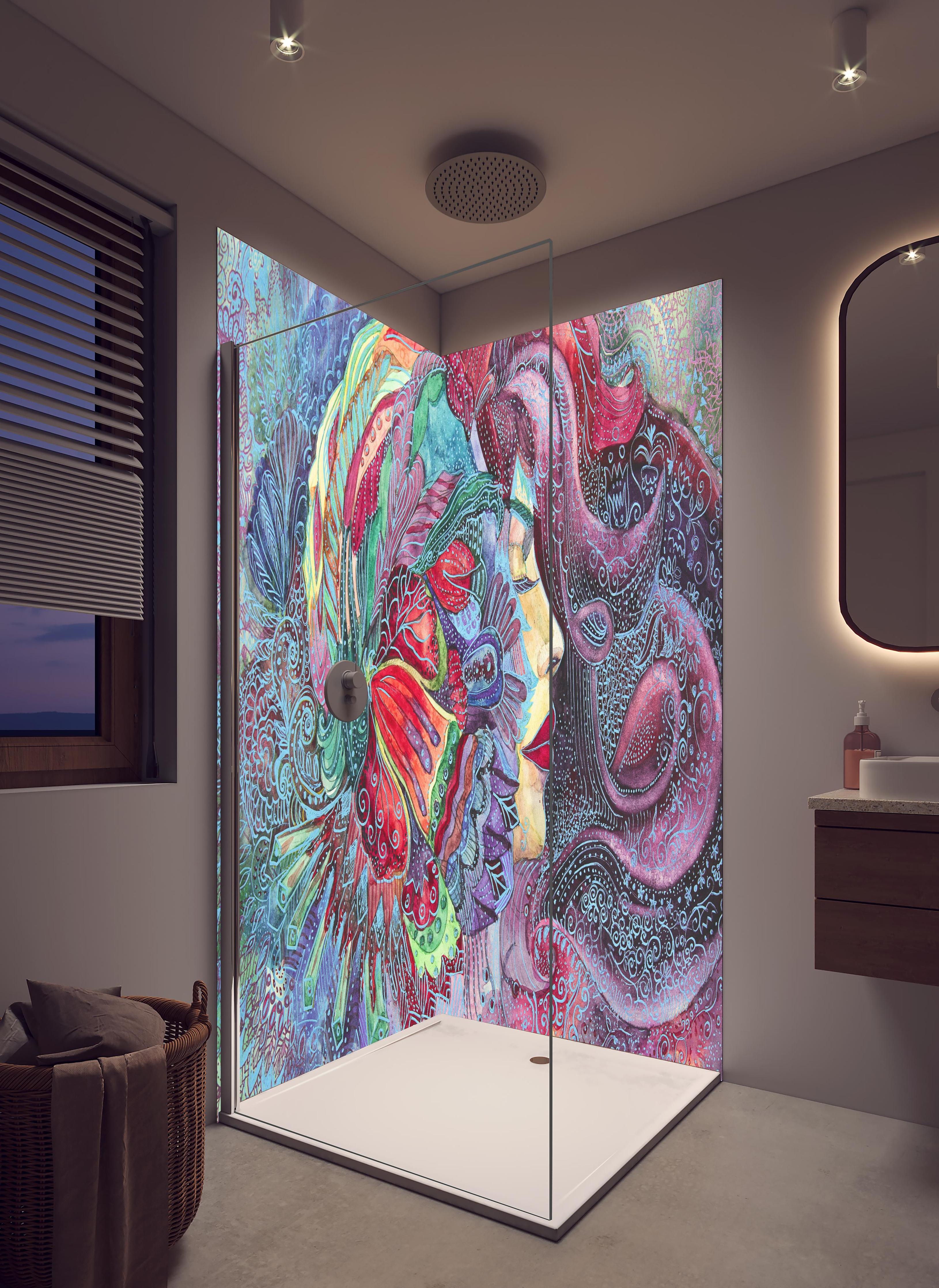 Duschrückwand - Kreatives Aquarell einer Frau in hellem Badezimmer mit Regenduschkopf - zweiteilige Eck-Duschrückwand