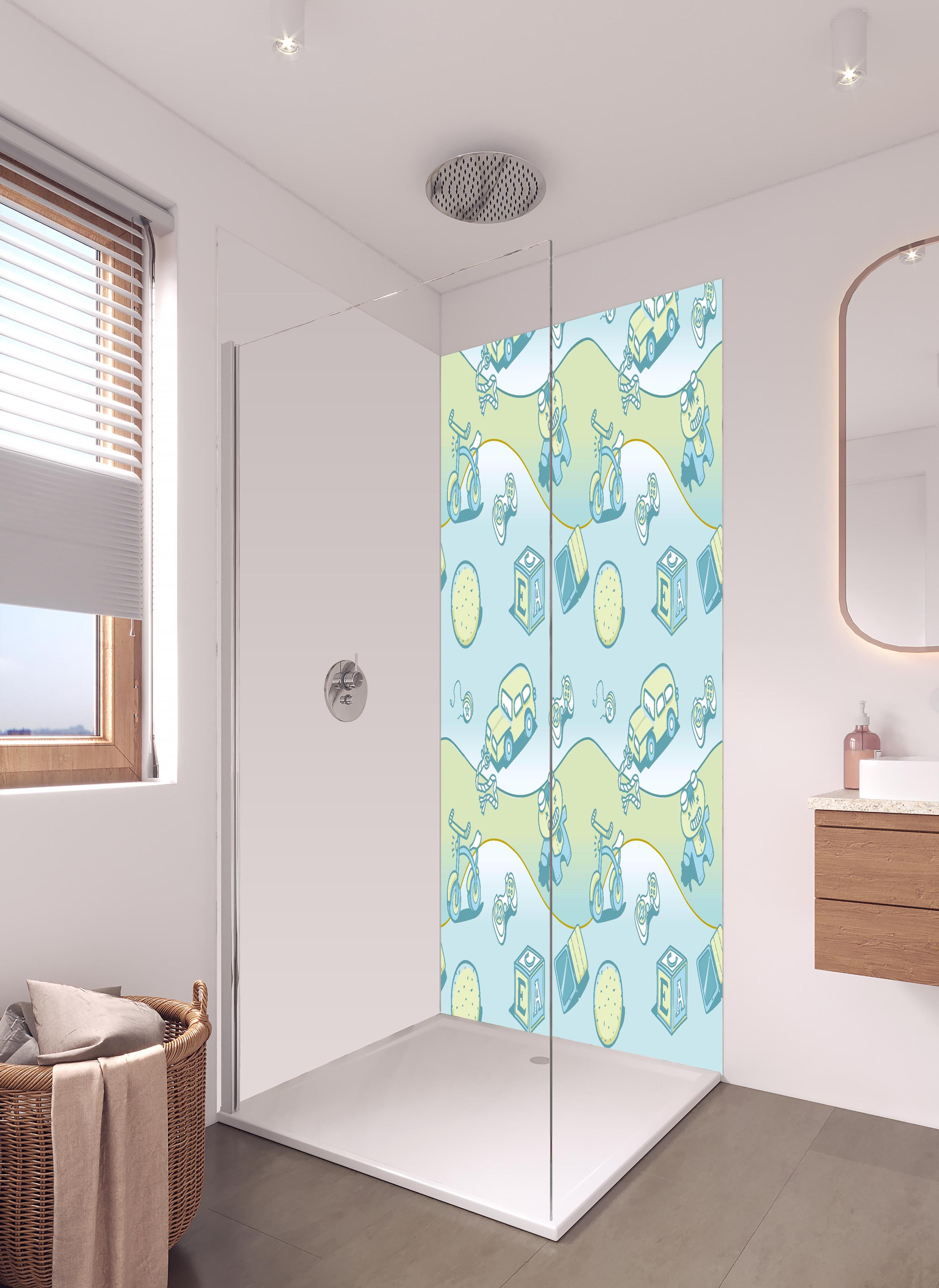 Duschrückwand - Kreatives Kinderzimmer Verkehrs-Musterdesign in hellem Badezimmer mit Regenduschkopf - zweiteilige Eck-Duschrückwand