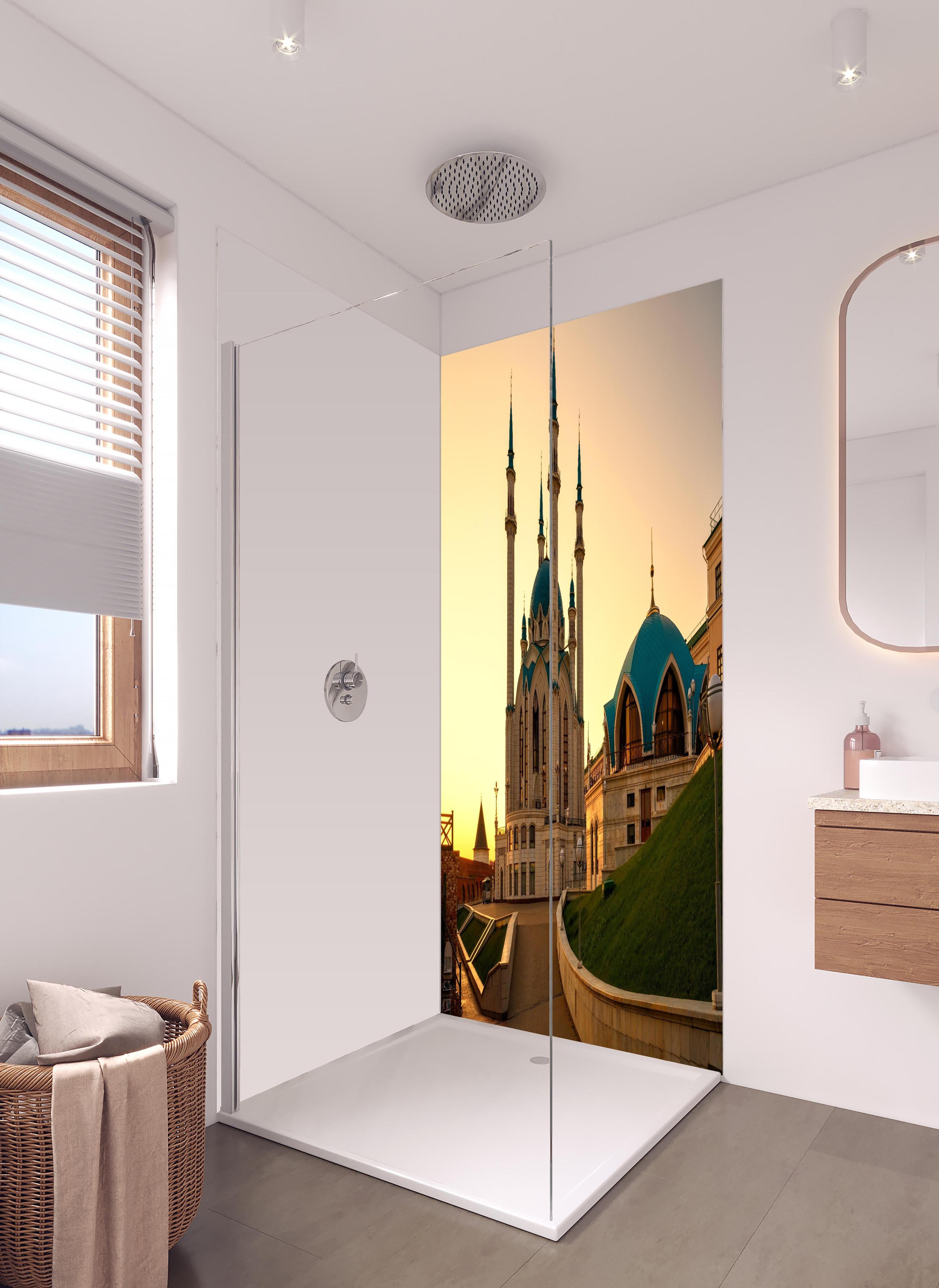 Duschrückwand - Kreml von Kasan bei Sonnenuntergang in hellem Badezimmer mit Regenduschkopf - zweiteilige Eck-Duschrückwand