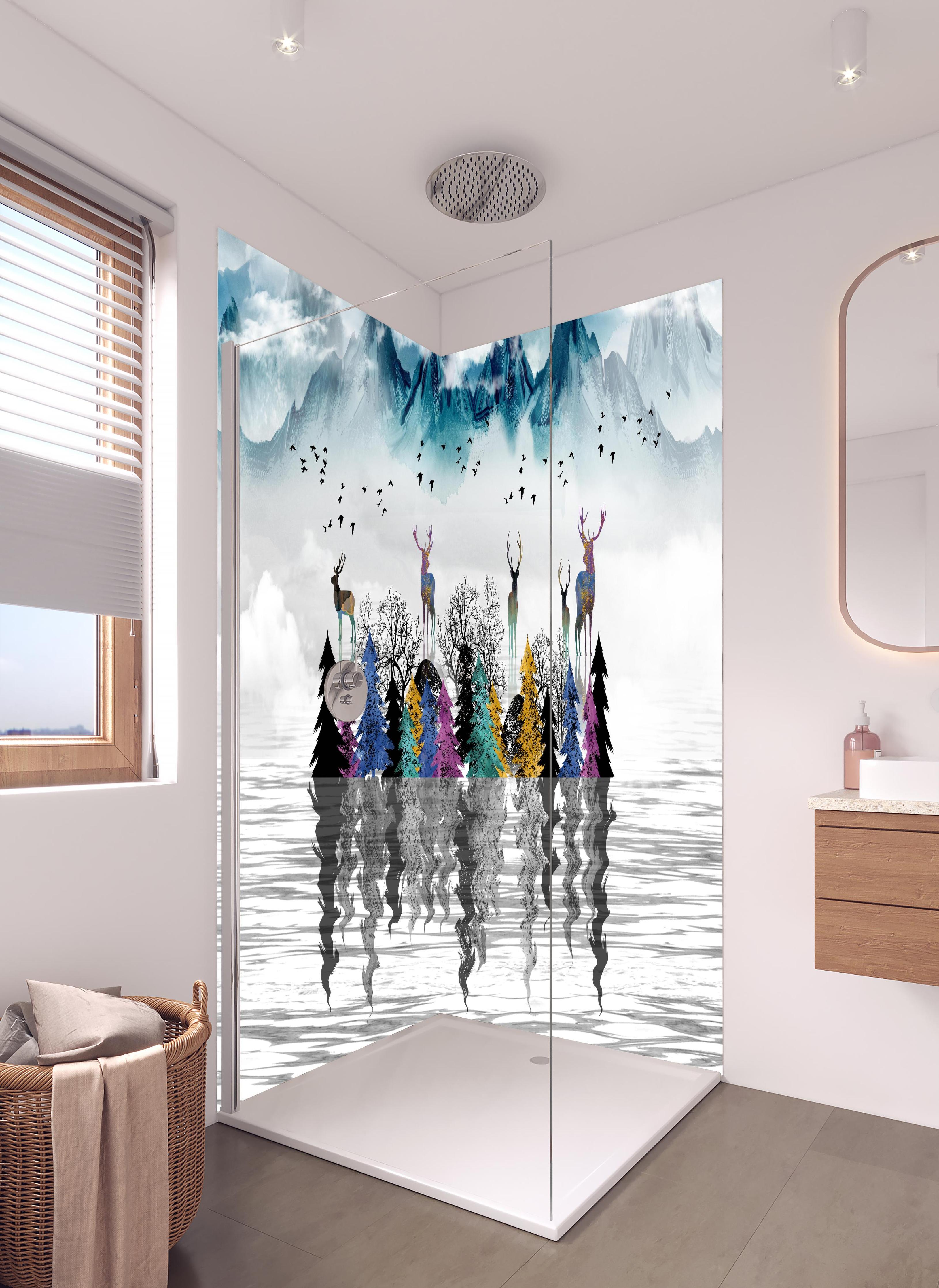 Duschrückwand - Künstlerische Landschaft - Portrait in hellem Badezimmer mit Regenduschkopf - zweiteilige Eck-Duschrückwand
