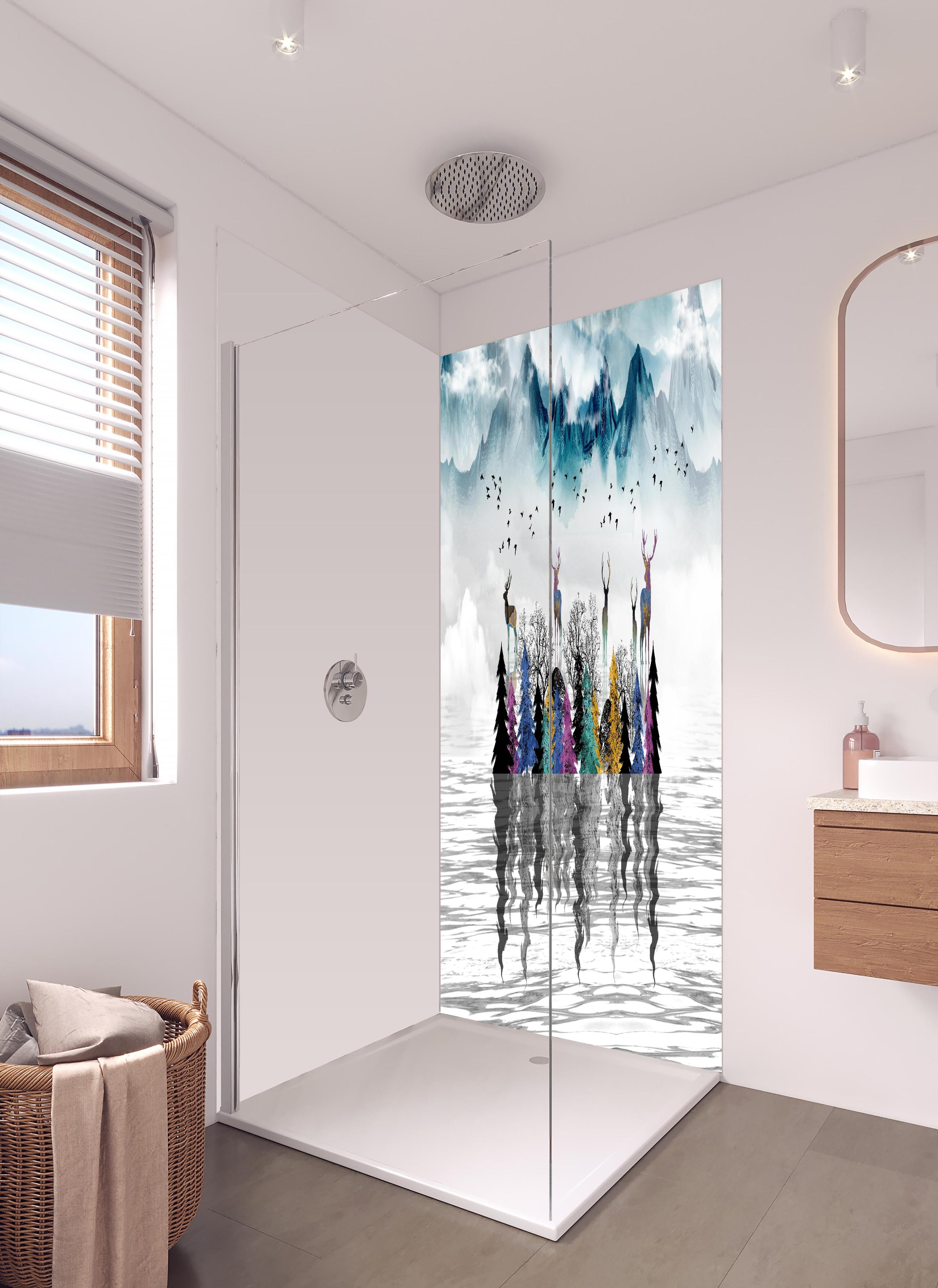 Duschrückwand - Künstlerische Landschaft - Portrait in hellem Badezimmer mit Regenduschkopf - zweiteilige Eck-Duschrückwand