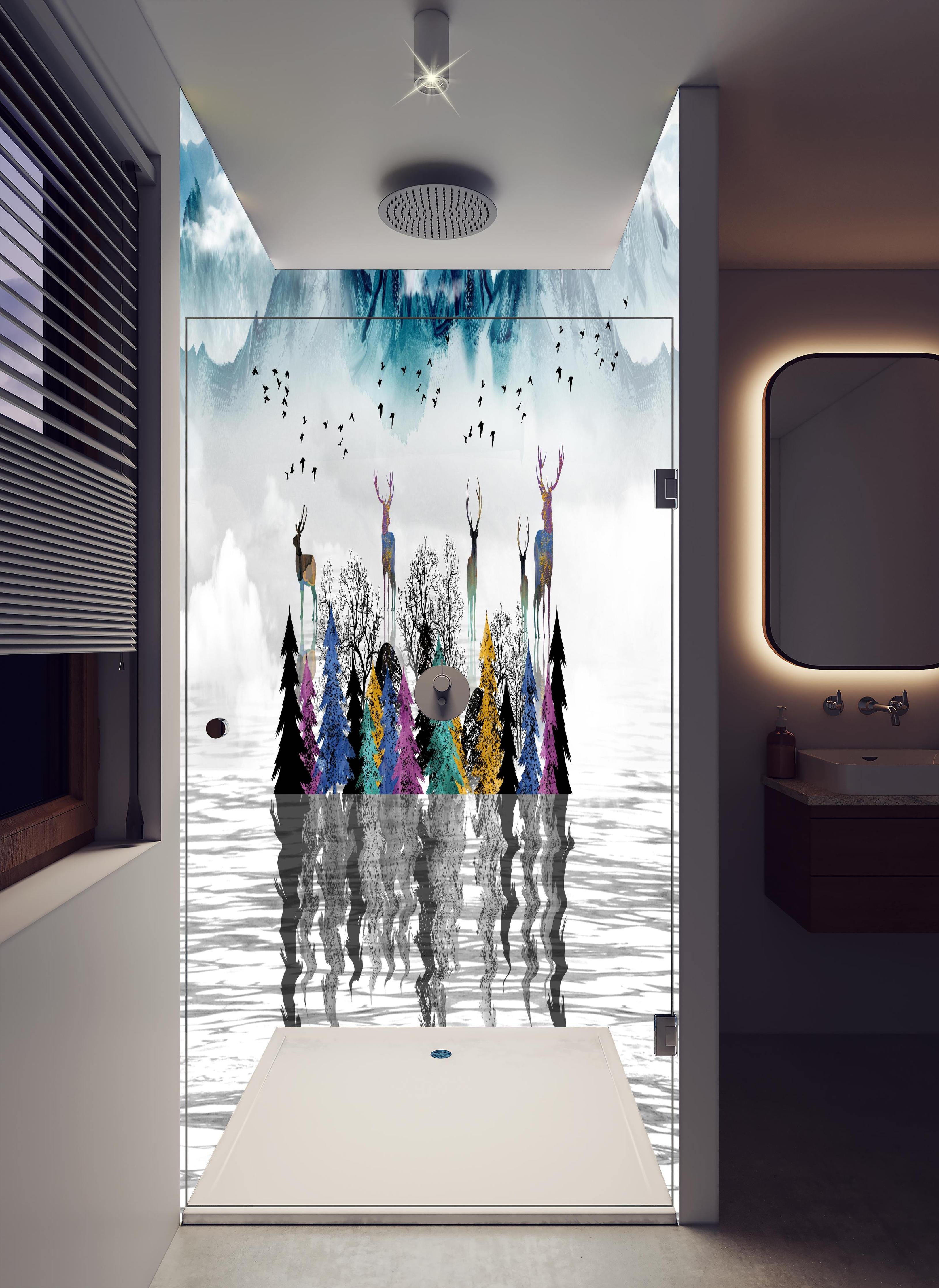 Duschrückwand - Künstlerische Landschaft - Portrait in hellem Badezimmer mit Regenduschkopf - zweiteilige Eck-Duschrückwand