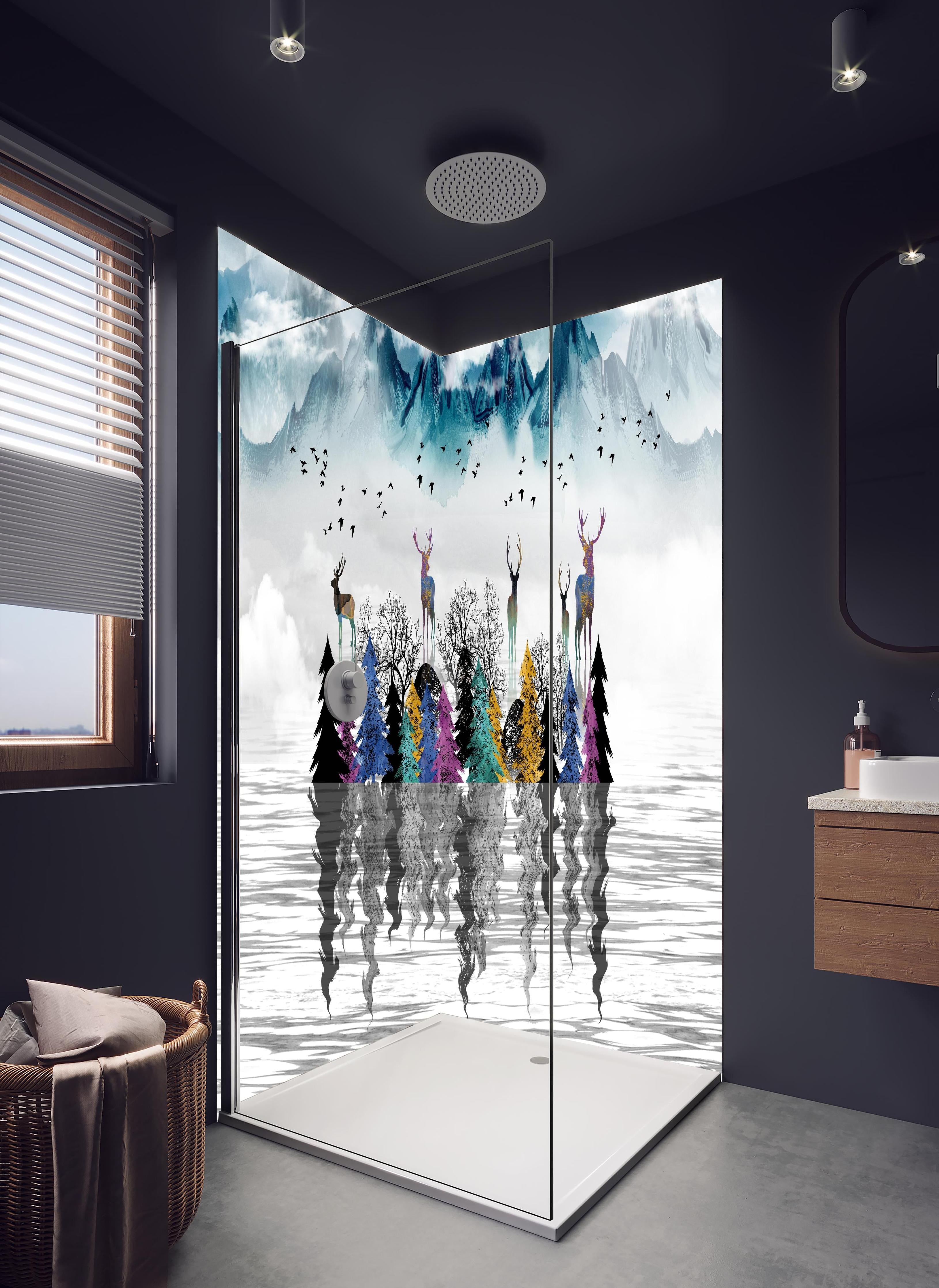 Duschrückwand - Künstlerische Landschaft - Portrait in hellem Badezimmer mit Regenduschkopf - zweiteilige Eck-Duschrückwand