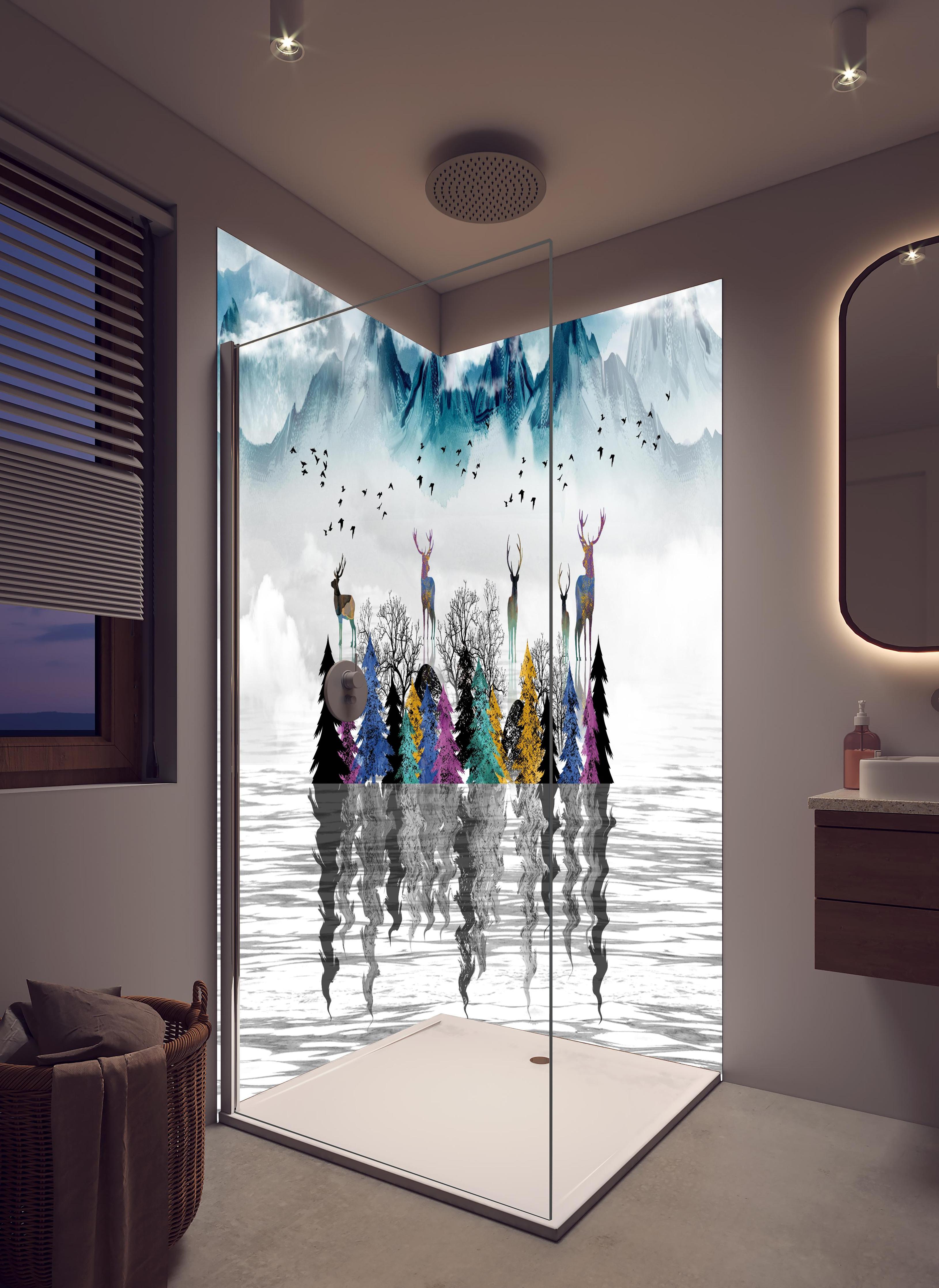 Duschrückwand - Künstlerische Landschaft - Portrait in hellem Badezimmer mit Regenduschkopf - zweiteilige Eck-Duschrückwand