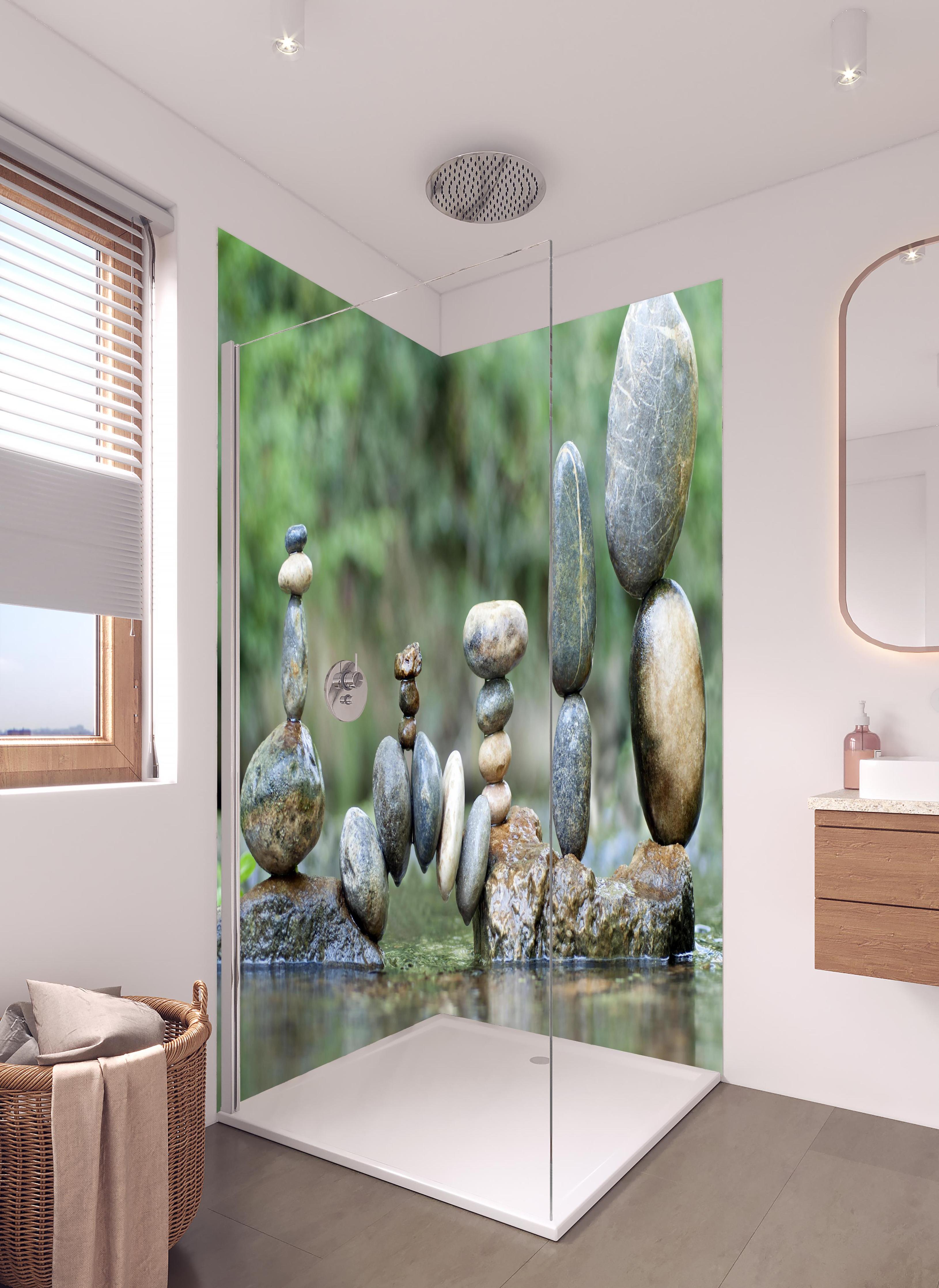 Duschrückwand - Künstlerische nasse Steinkomposition in hellem Badezimmer mit Regenduschkopf - zweiteilige Eck-Duschrückwand