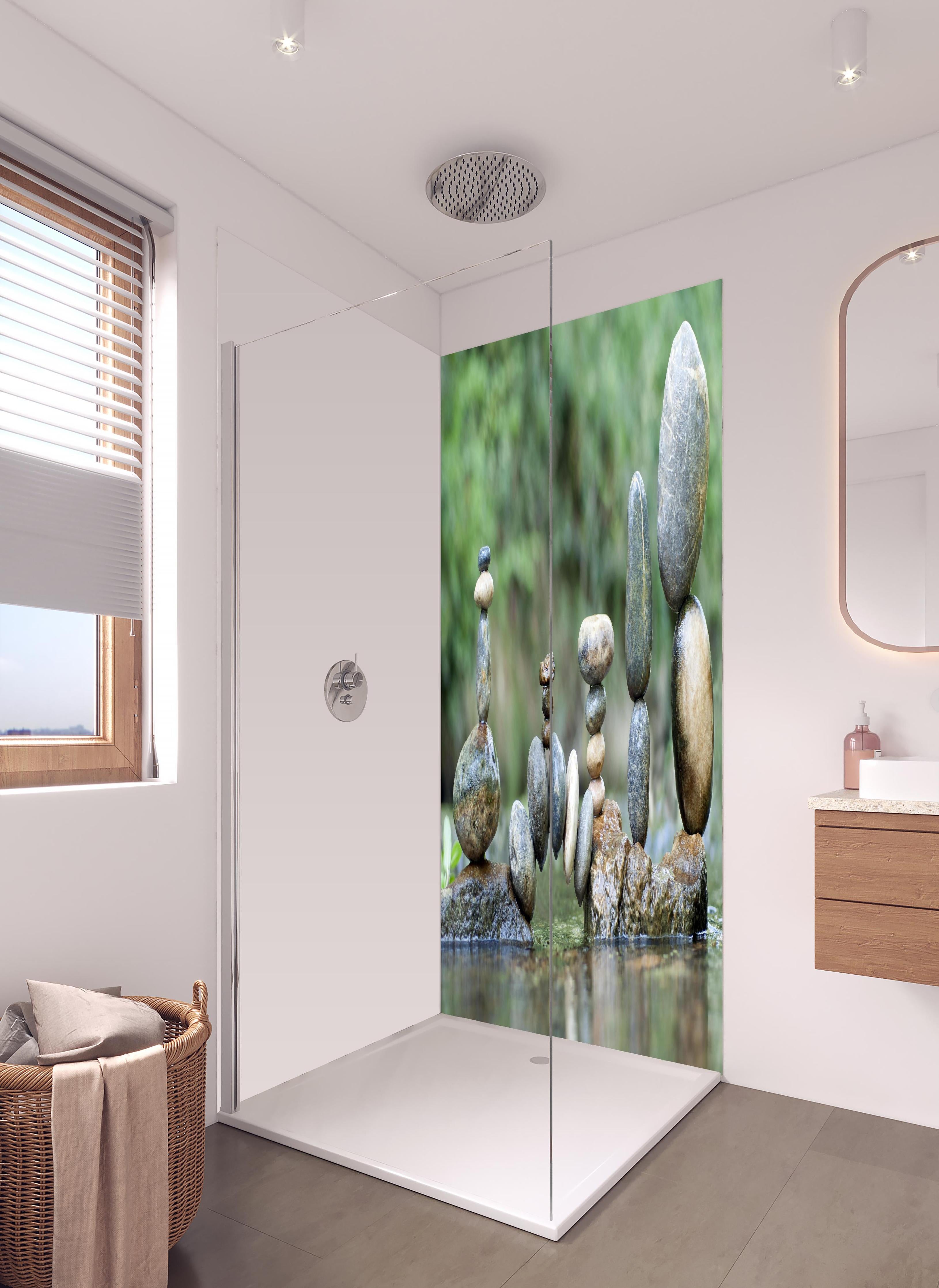 Duschrückwand - Künstlerische nasse Steinkomposition in hellem Badezimmer mit Regenduschkopf - zweiteilige Eck-Duschrückwand