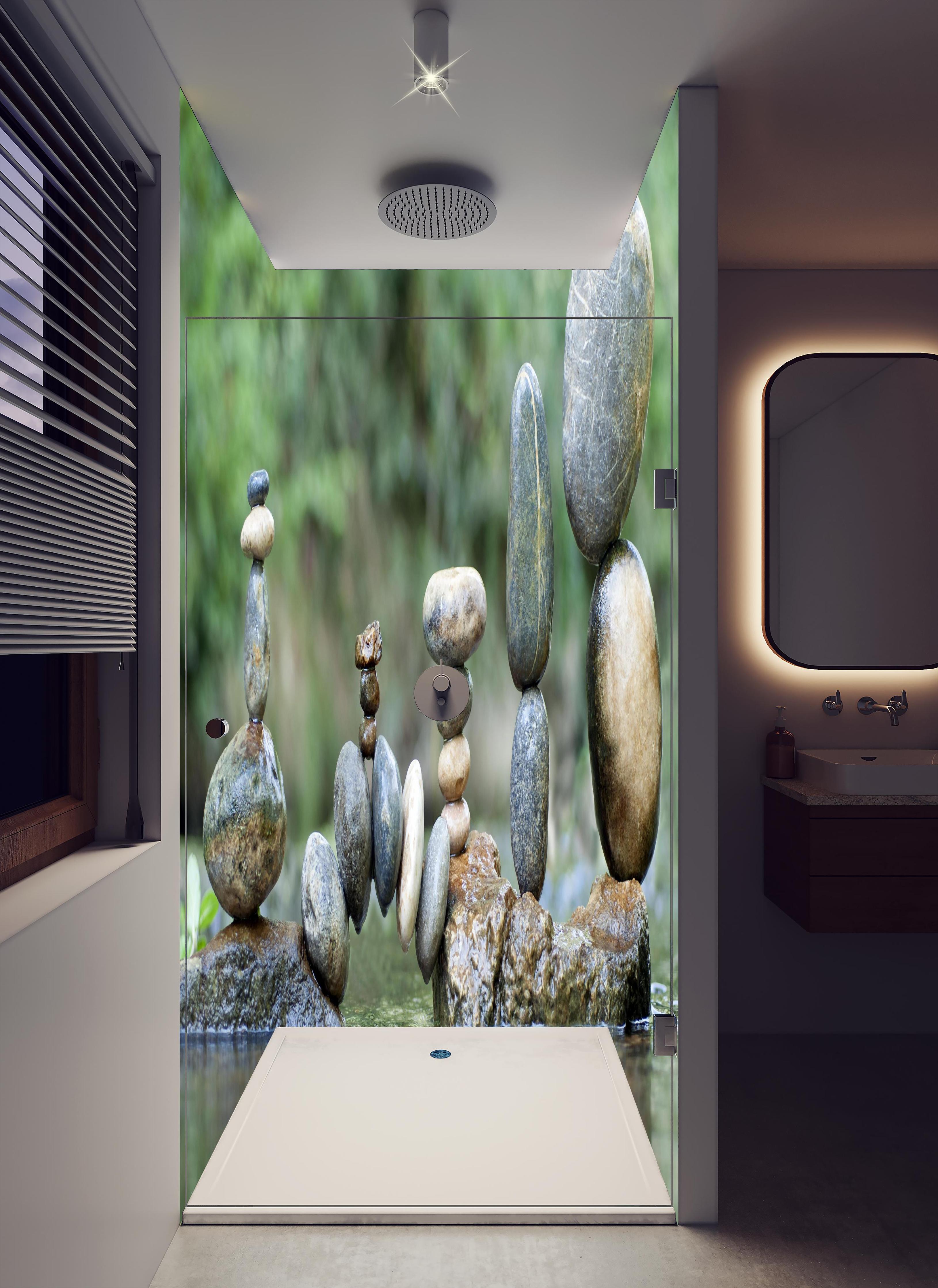 Duschrückwand - Künstlerische nasse Steinkomposition in hellem Badezimmer mit Regenduschkopf - zweiteilige Eck-Duschrückwand