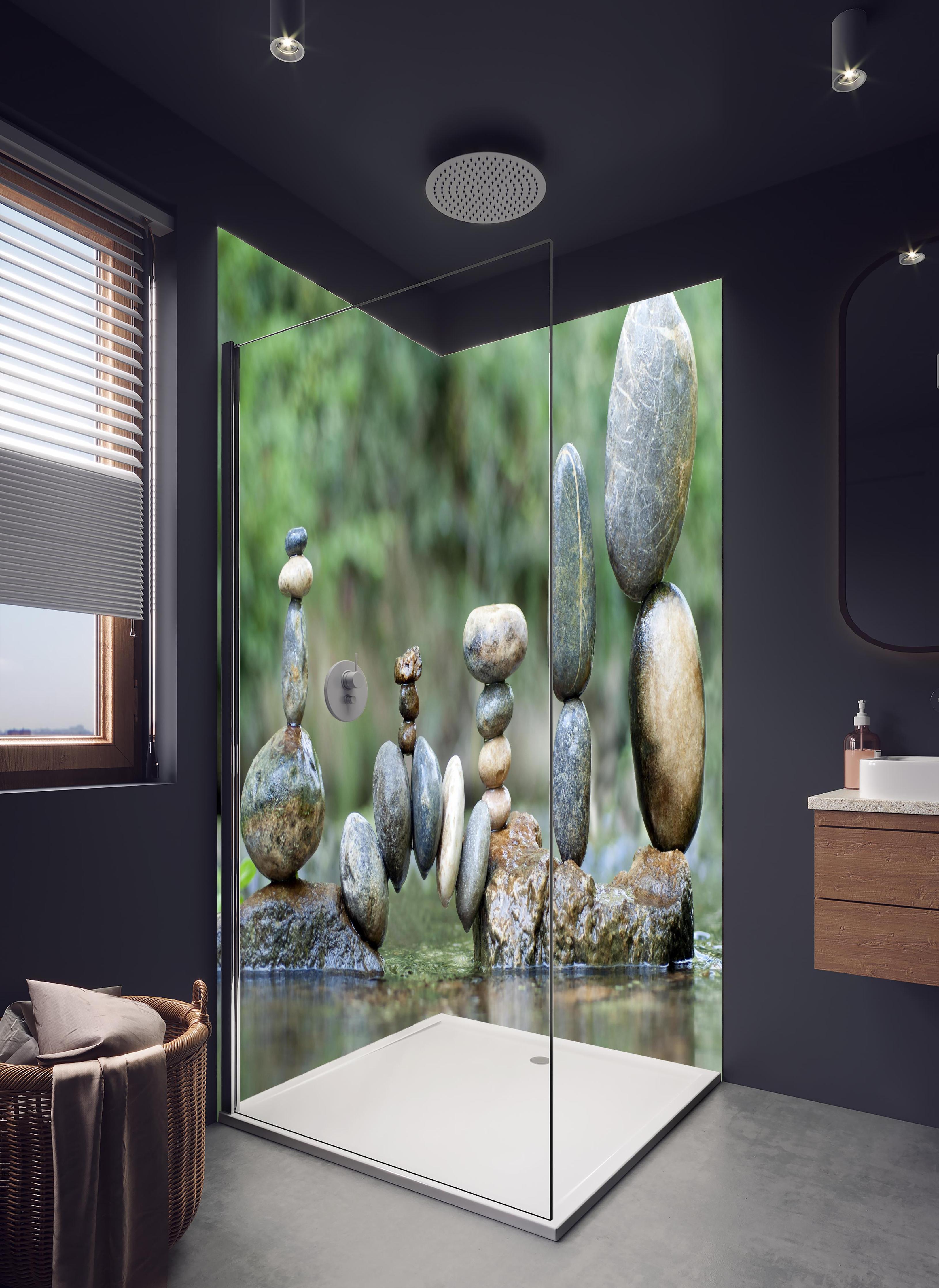 Duschrückwand - Künstlerische nasse Steinkomposition in hellem Badezimmer mit Regenduschkopf - zweiteilige Eck-Duschrückwand