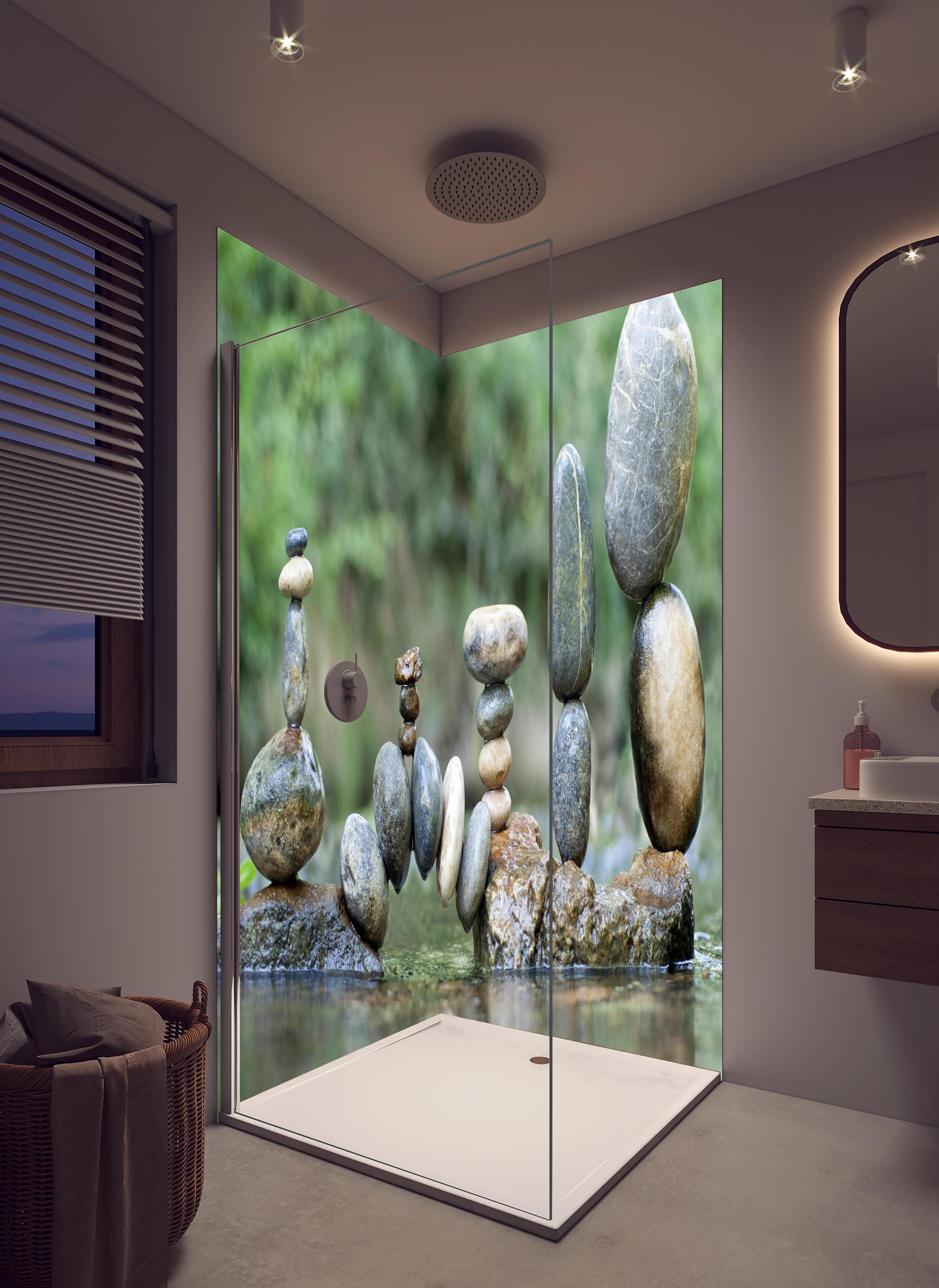 Duschrückwand - Künstlerische nasse Steinkomposition in hellem Badezimmer mit Regenduschkopf - zweiteilige Eck-Duschrückwand