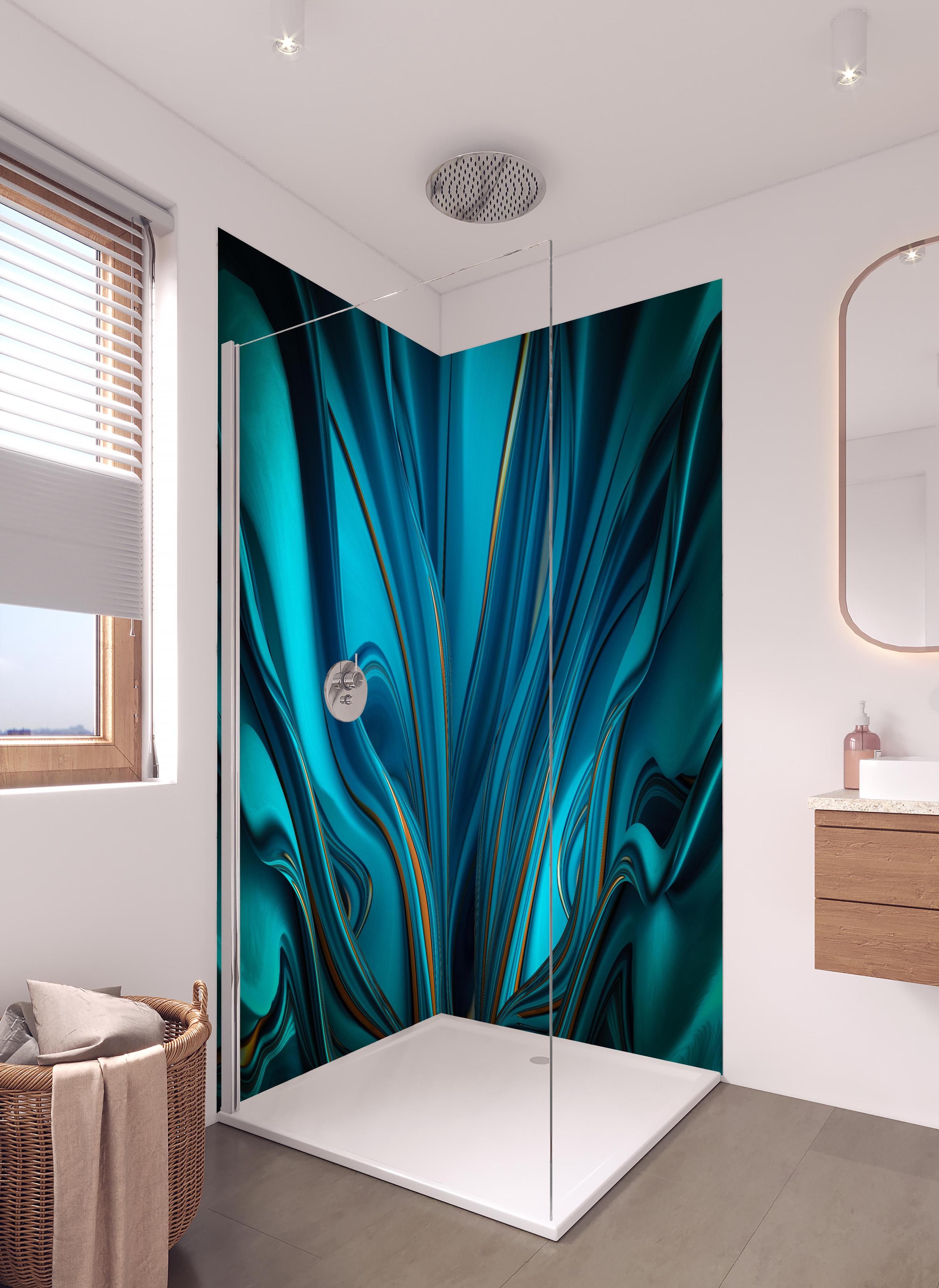 Duschrückwand - Künstlerischer Hintergrund - Abstrakt in hellem Badezimmer mit Regenduschkopf - zweiteilige Eck-Duschrückwand