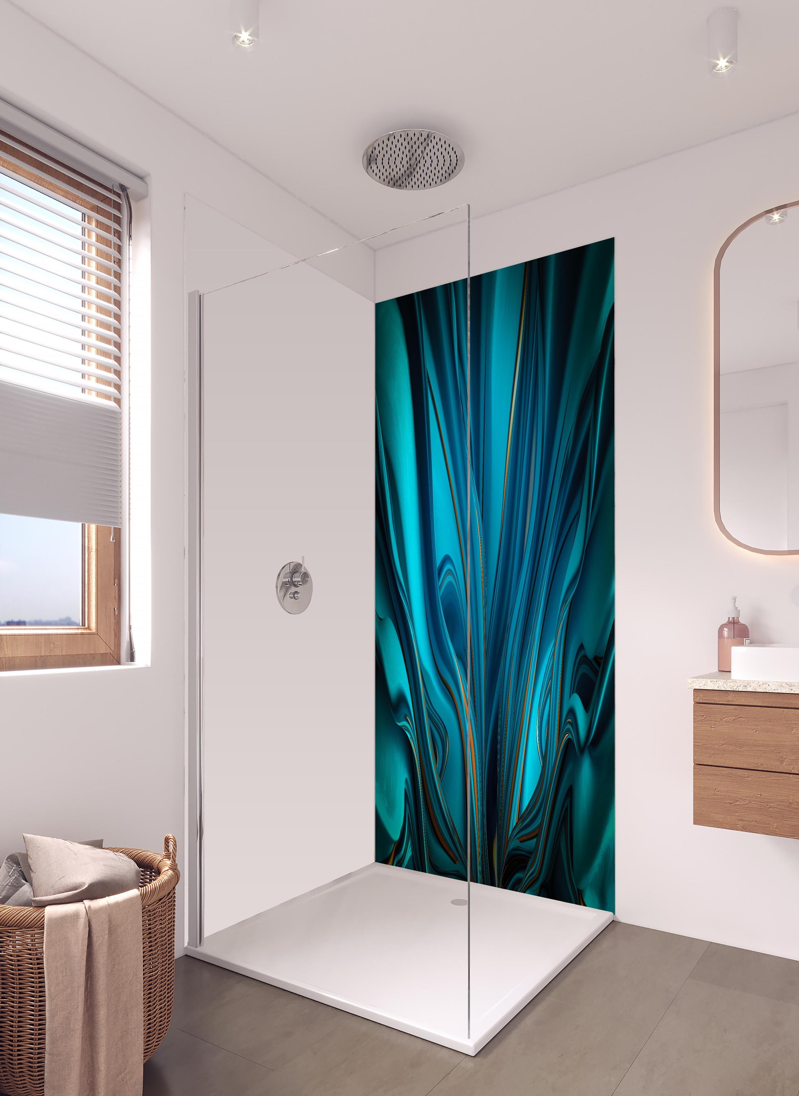 Duschrückwand - Künstlerischer Hintergrund - Abstrakt in hellem Badezimmer mit Regenduschkopf - zweiteilige Eck-Duschrückwand