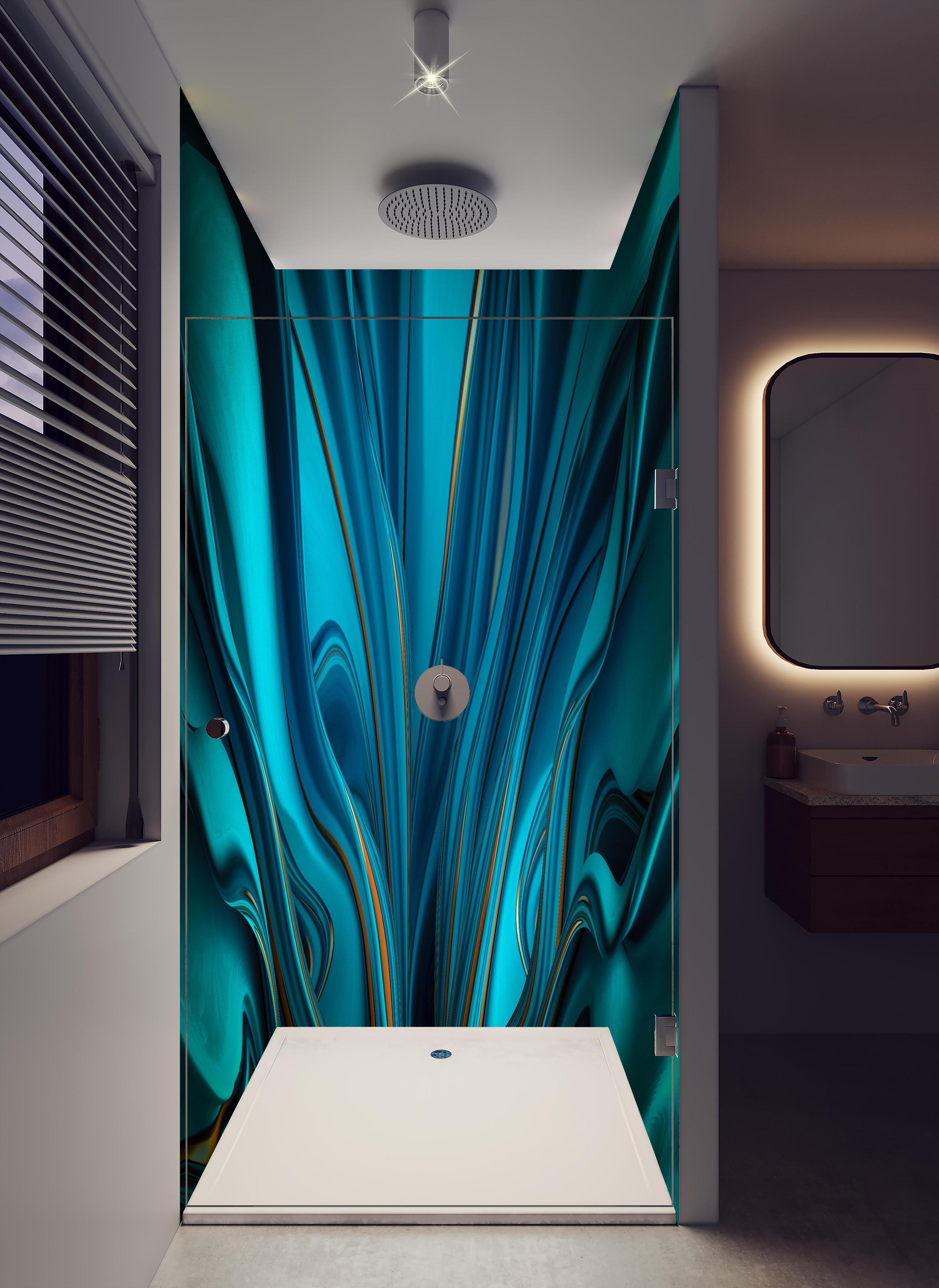 Duschrückwand - Künstlerischer Hintergrund - Abstrakt in hellem Badezimmer mit Regenduschkopf - zweiteilige Eck-Duschrückwand