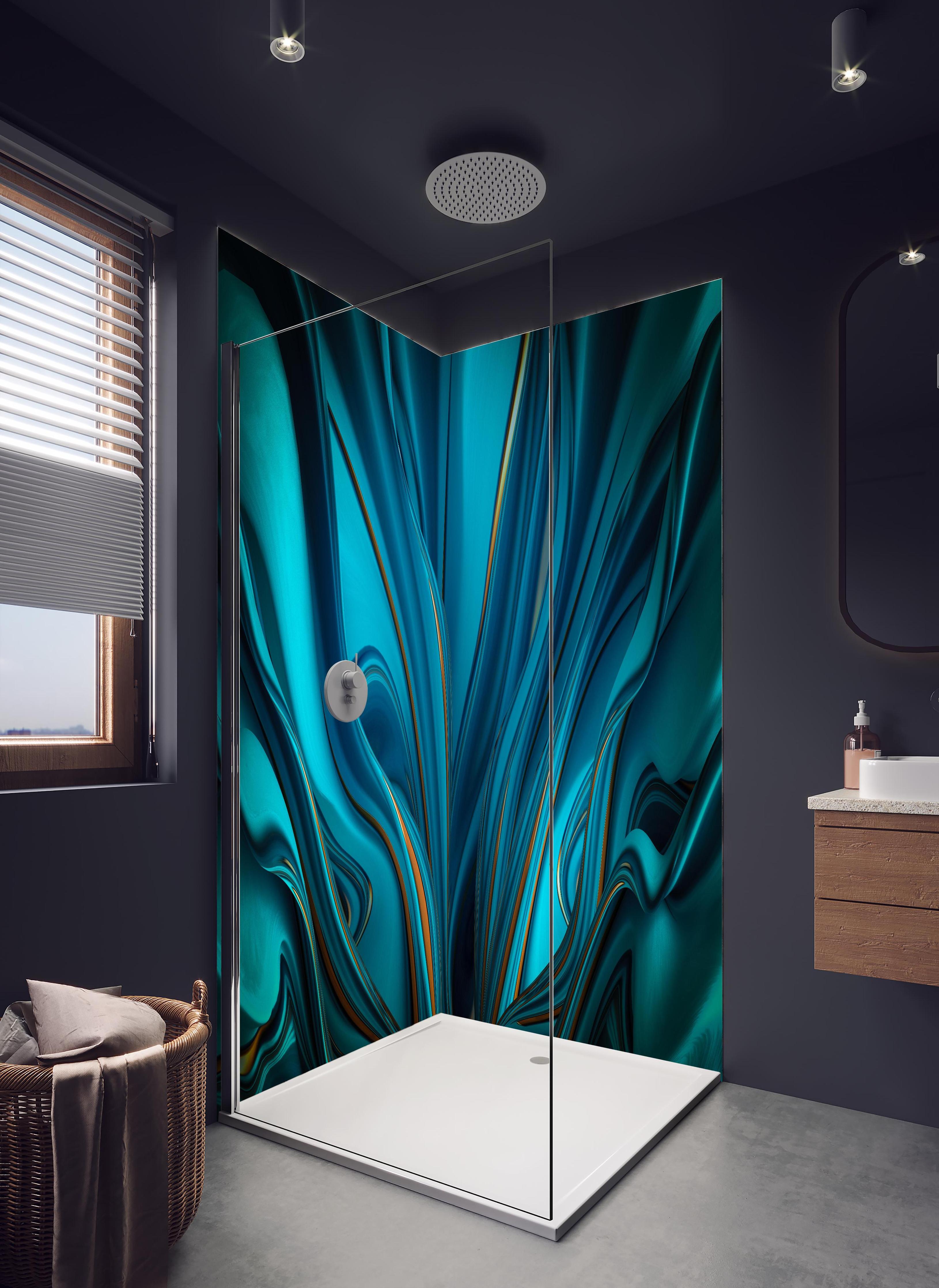 Duschrückwand - Künstlerischer Hintergrund - Abstrakt in hellem Badezimmer mit Regenduschkopf - zweiteilige Eck-Duschrückwand