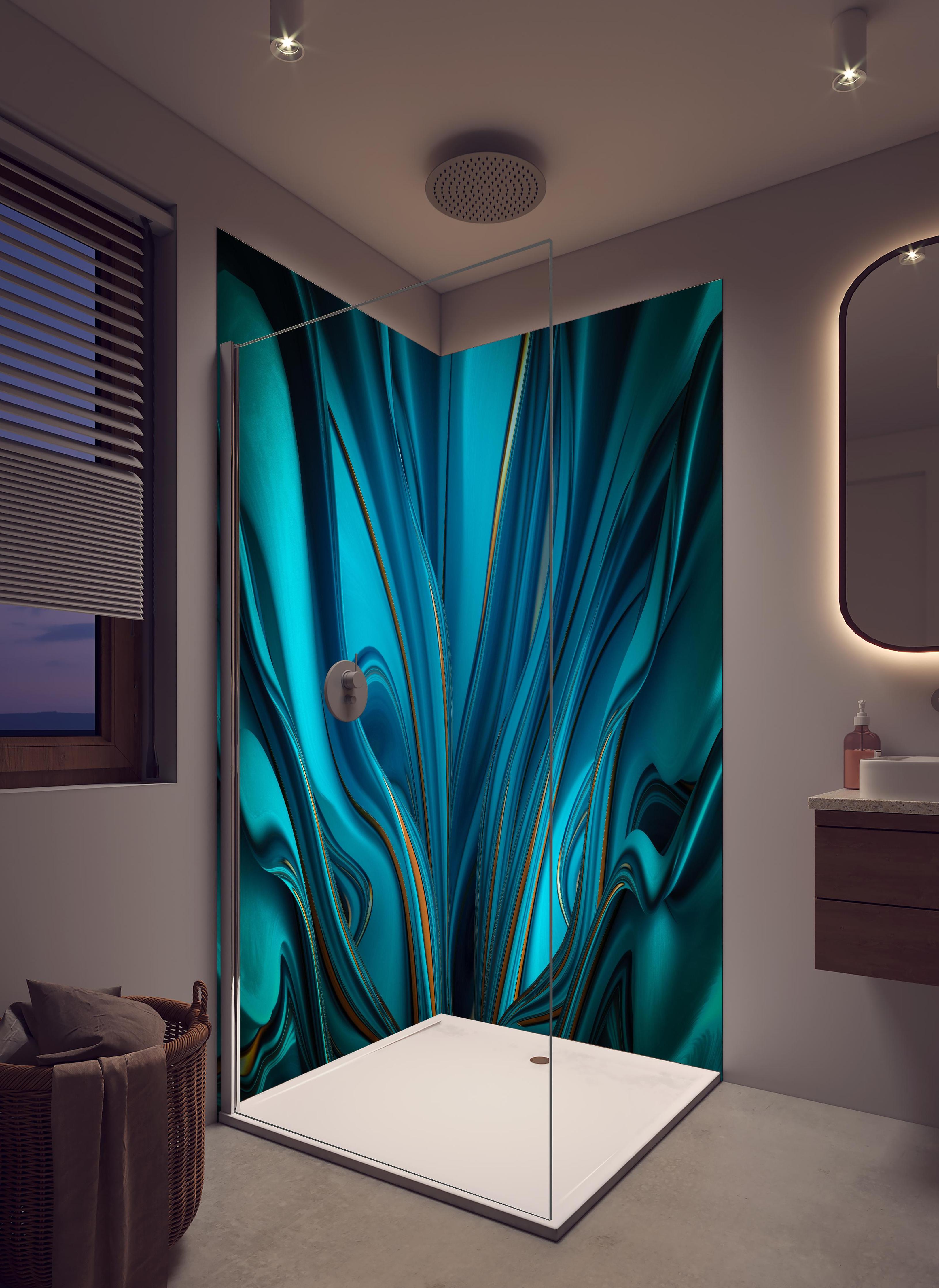 Duschrückwand - Künstlerischer Hintergrund - Abstrakt in hellem Badezimmer mit Regenduschkopf - zweiteilige Eck-Duschrückwand