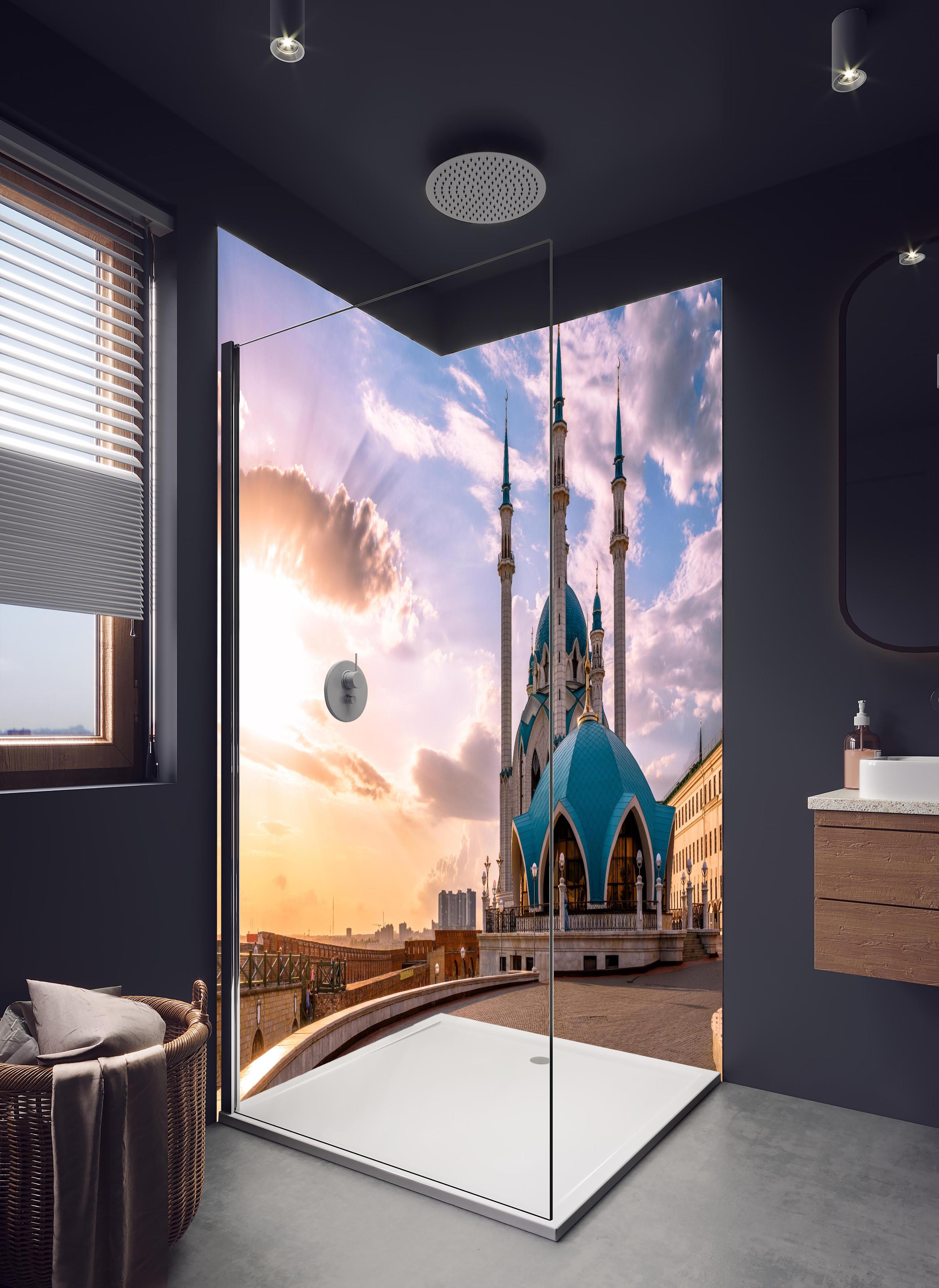 Duschrückwand - Kul-Sharif-Moschee - Russland in hellem Badezimmer mit Regenduschkopf - zweiteilige Eck-Duschrückwand