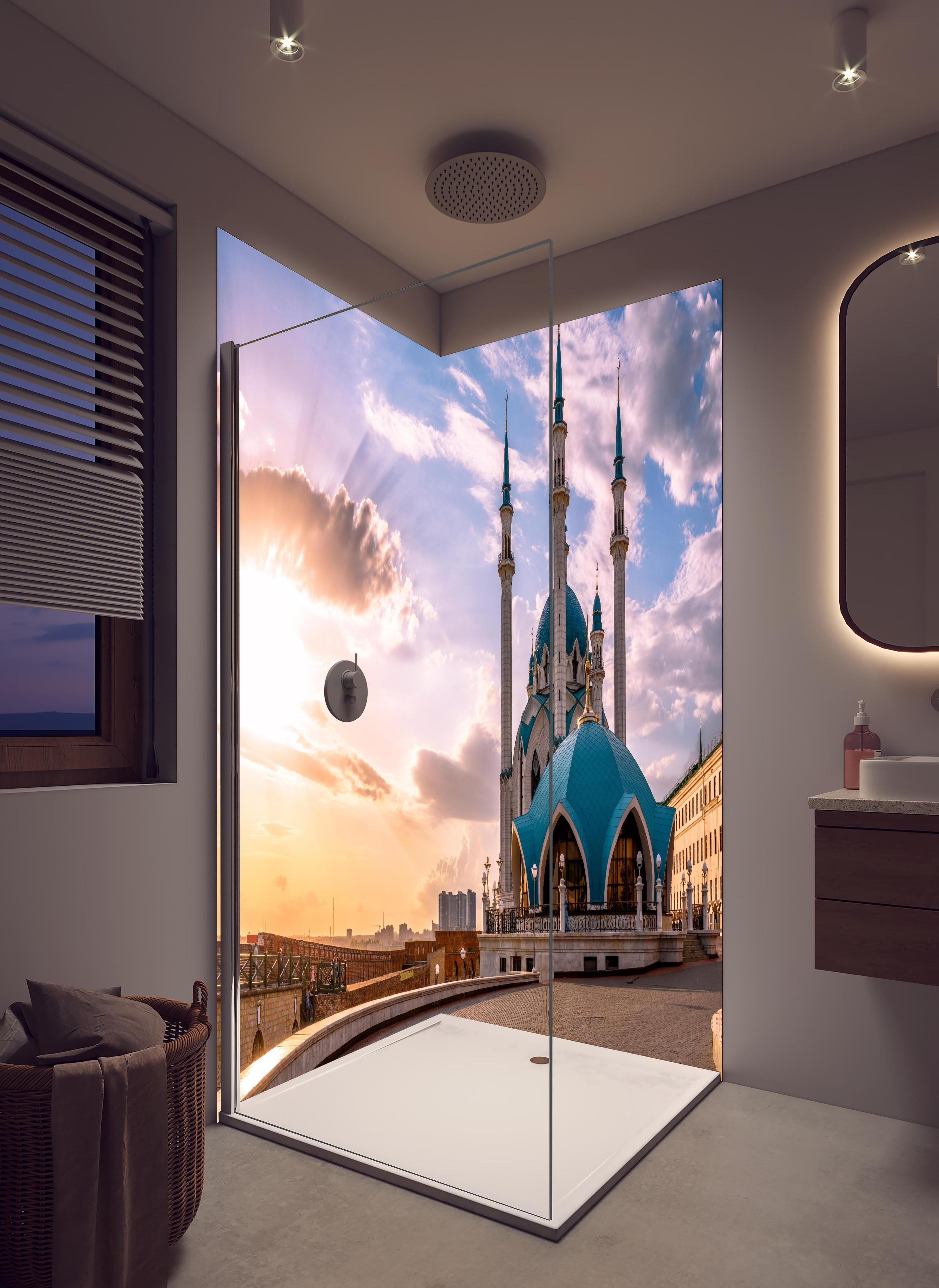 Duschrückwand - Kul-Sharif-Moschee - Russland in hellem Badezimmer mit Regenduschkopf - zweiteilige Eck-Duschrückwand