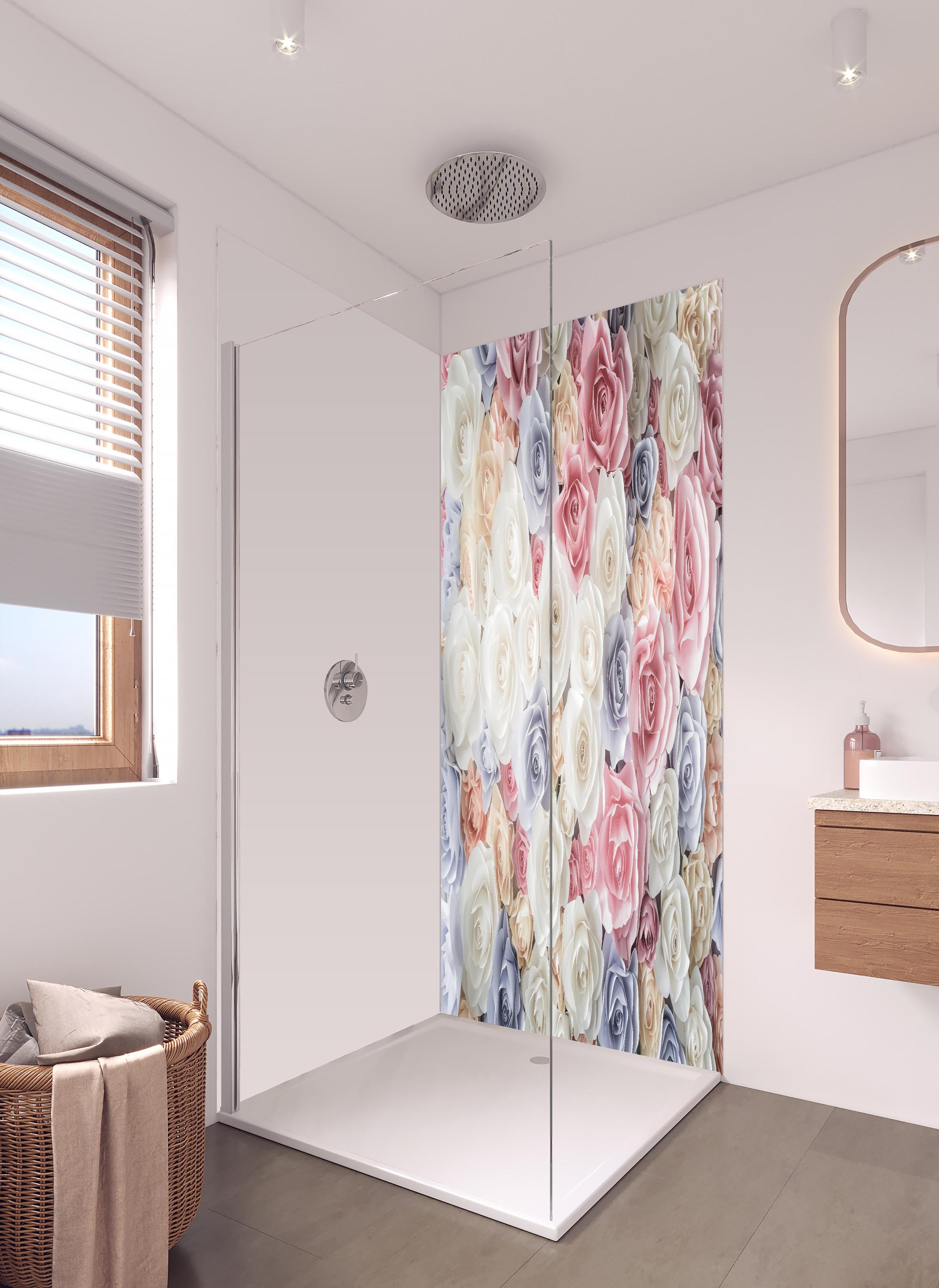 Duschrückwand - Kulisse aus bunten Papierrosen in hellem Badezimmer mit Regenduschkopf - zweiteilige Eck-Duschrückwand