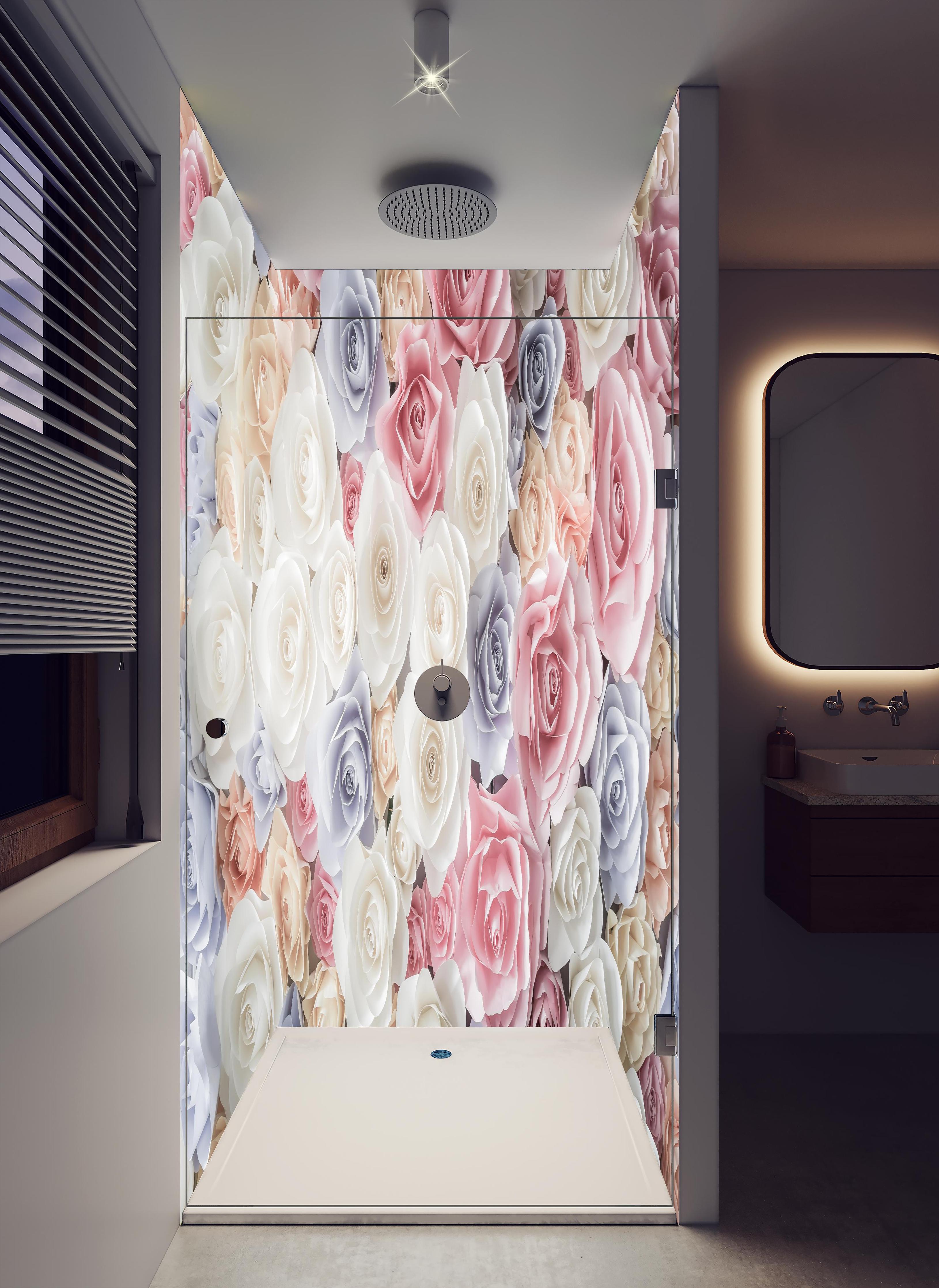 Duschrückwand - Kulisse aus bunten Papierrosen in hellem Badezimmer mit Regenduschkopf - zweiteilige Eck-Duschrückwand