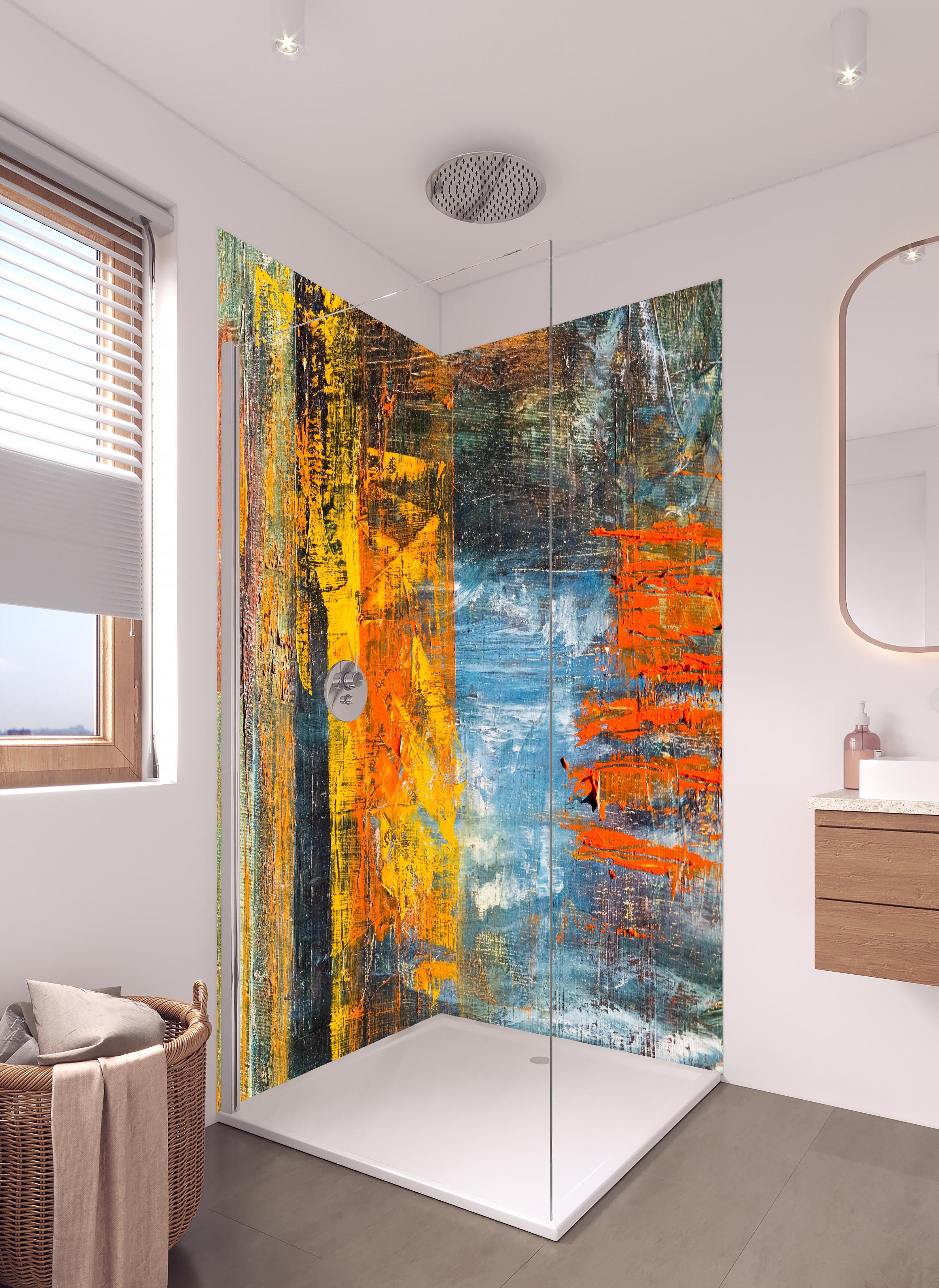 Duschrückwand - Kunst Malerei - Vintage in hellem Badezimmer mit Regenduschkopf - zweiteilige Eck-Duschrückwand